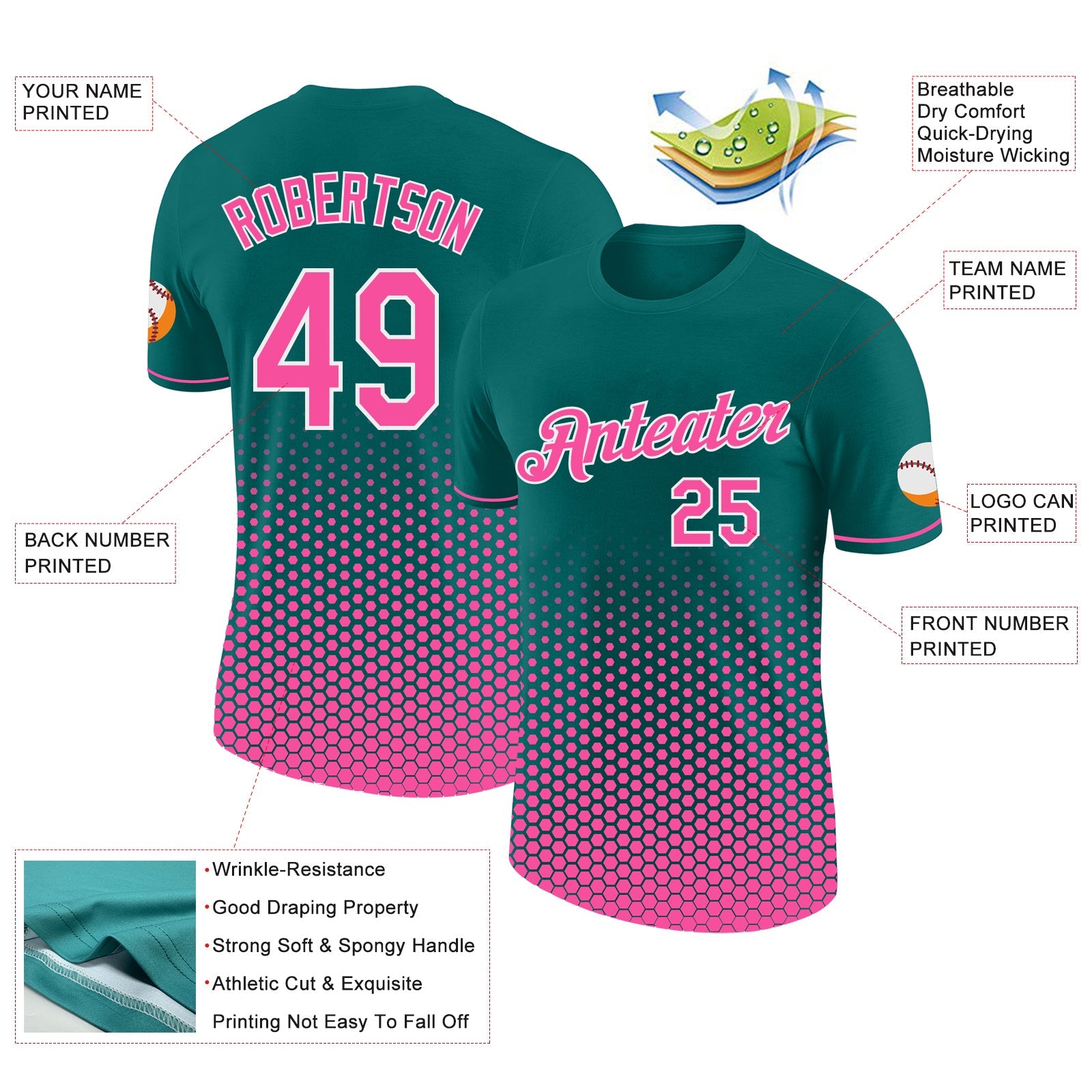 Custom Teal Pink-White Geometric Hexagonal Dot Gradient Performance T-Shirt view 2