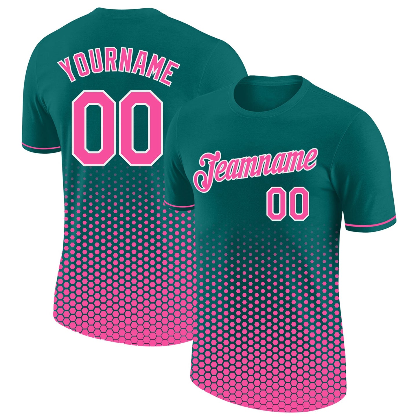 Custom Teal Pink-White Geometric Hexagonal Dot Gradient Performance T-Shirt - Main View