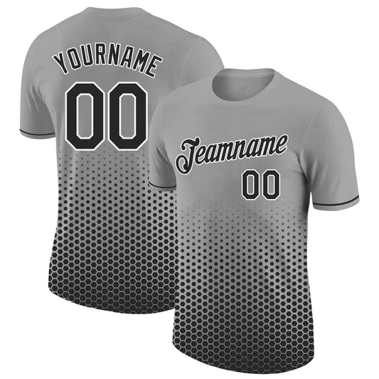 Custom Gray Black-White Geometric Hexagonal Dot Gradient Performance T-Shirt - Main View