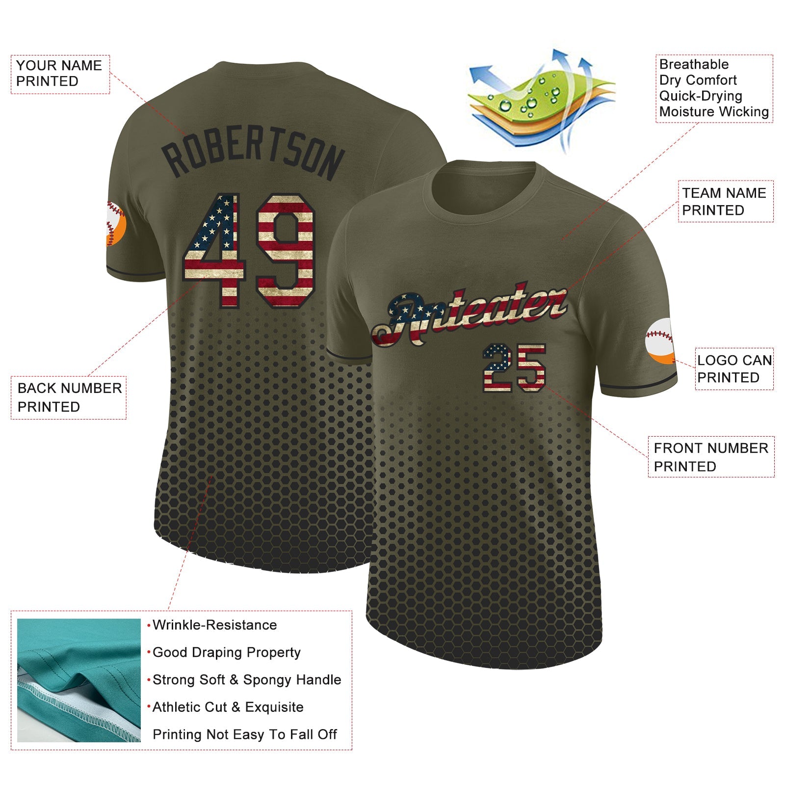 Custom Olive Vintage USA Flag-Black Geometric Hexagonal Dot Gradient Performance T-Shirt view 2