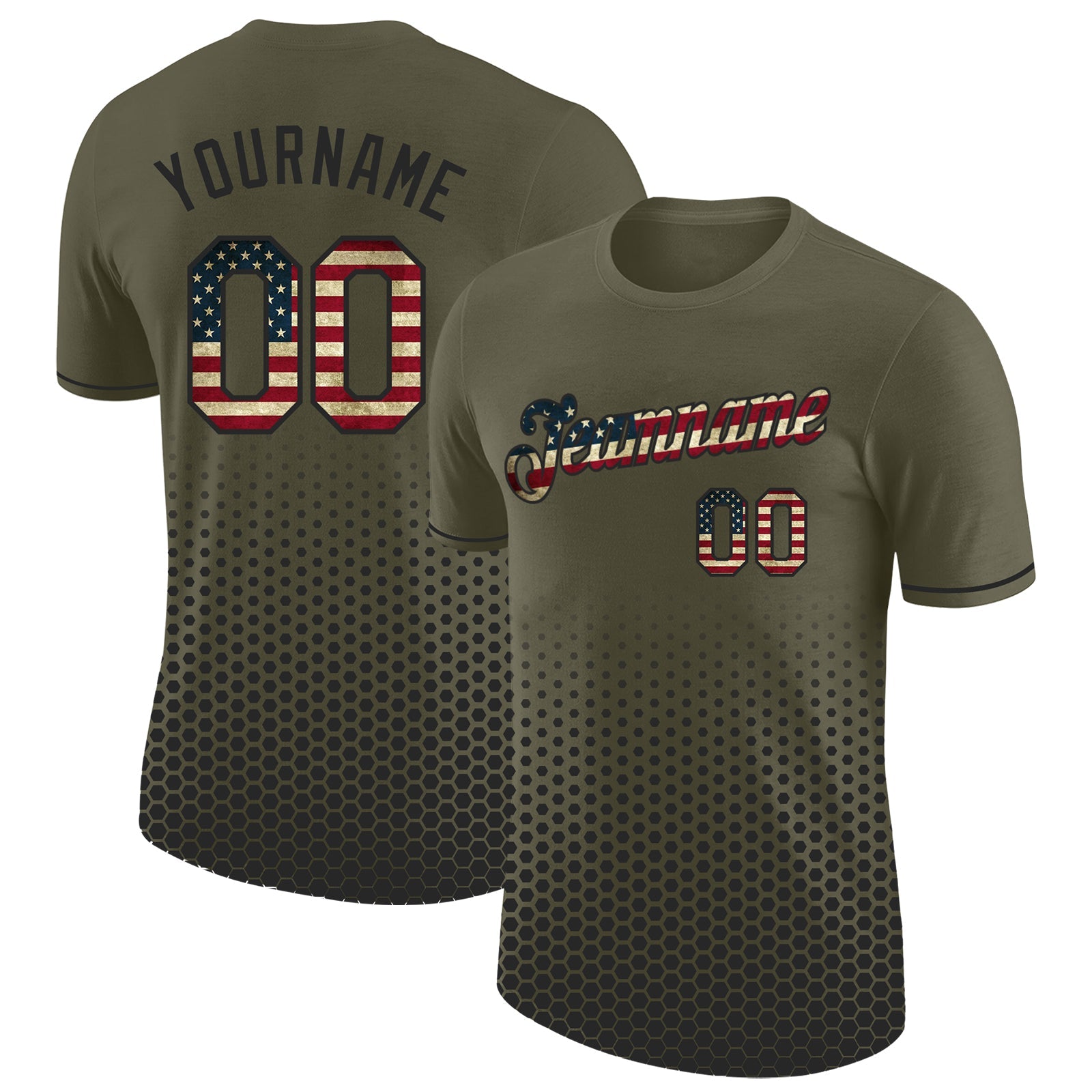 Custom Olive Vintage USA Flag-Black Geometric Hexagonal Dot Gradient Performance T-Shirt - Main View