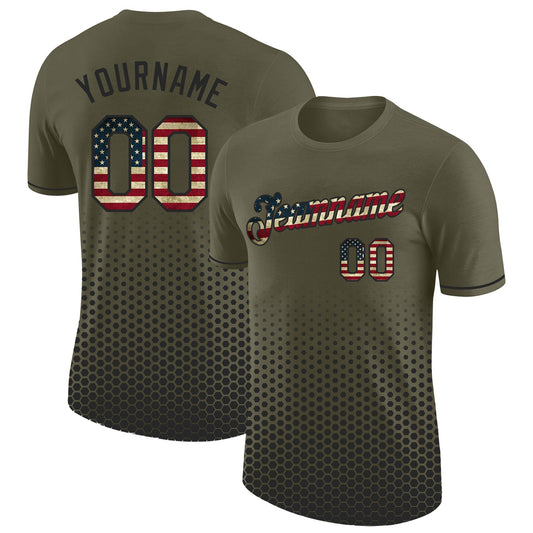 Custom Olive Vintage USA Flag-Black Geometric Hexagonal Dot Gradient Performance T-Shirt - Main View