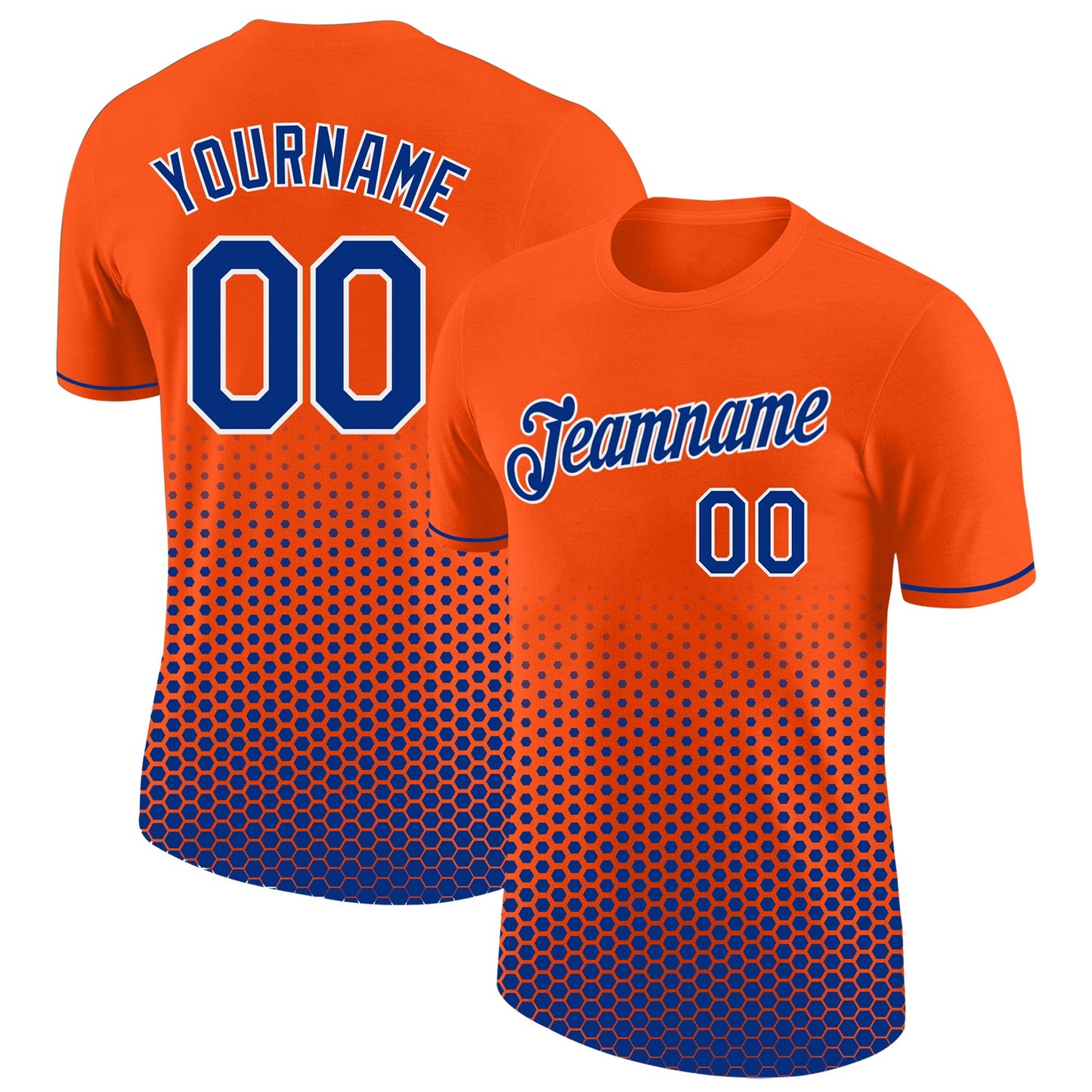 Custom Orange Royal-White Geometric Hexagonal Dot Gradient Performance T-Shirt - Main View