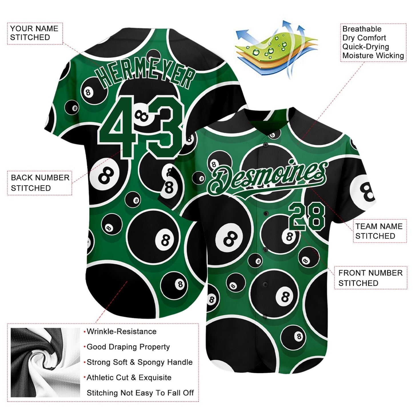 Custom Green White 3D Pattern Design Billiards Snooker 8 Ball Authentic Baseball Jersey view 3