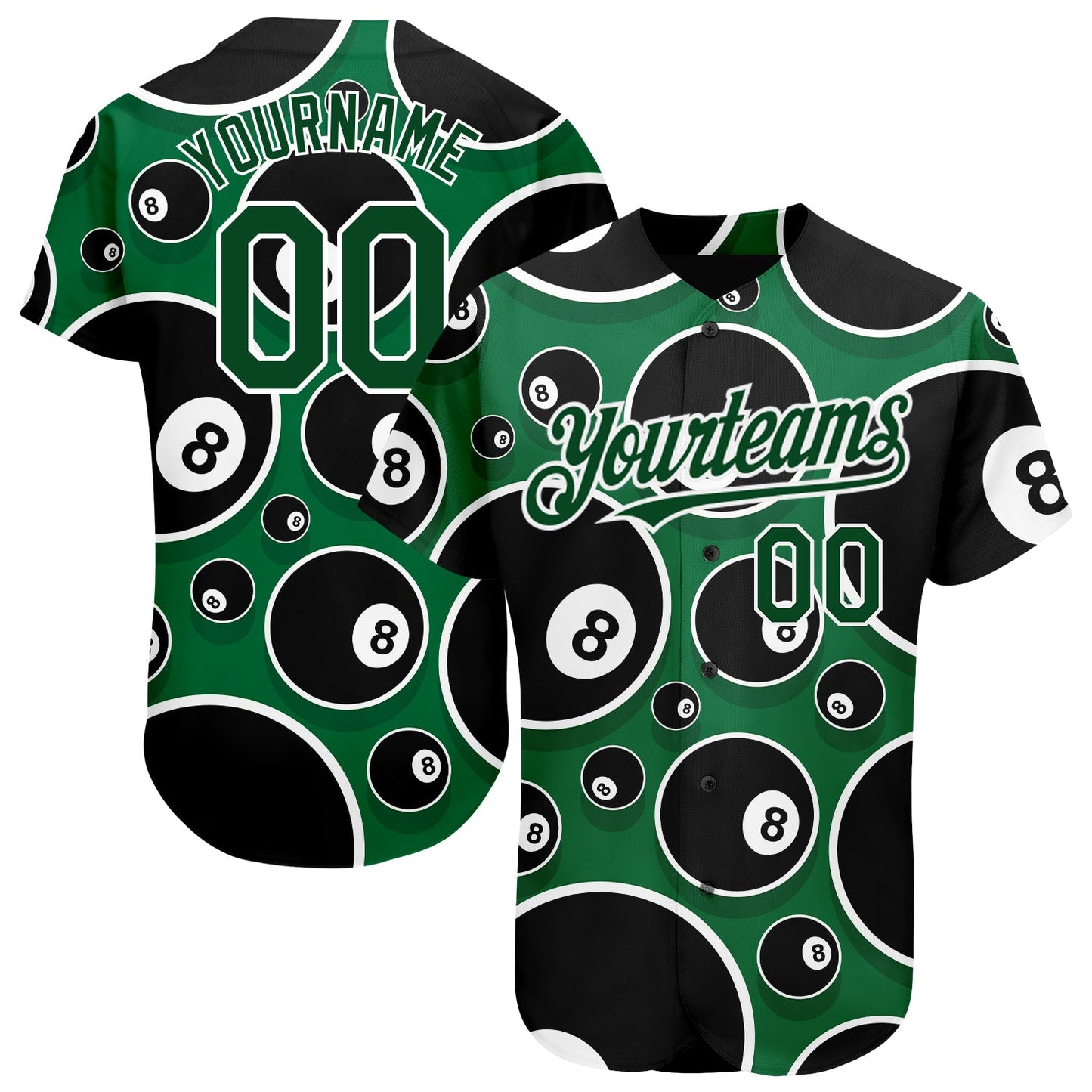 Custom Green White 3D Pattern Design Billiards Snooker 8 Ball Authentic Baseball Jersey - Main View