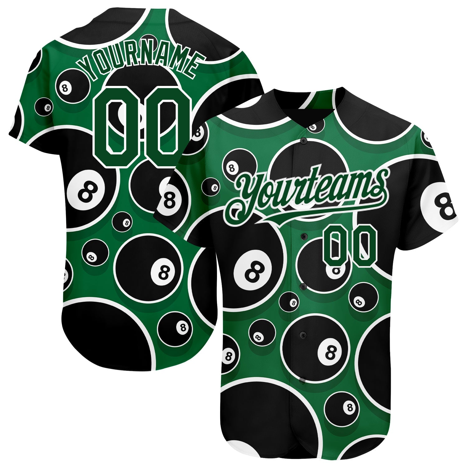 Custom Green White 3D Pattern Design Billiards Snooker 8 Ball Authentic Baseball Jersey - Main View