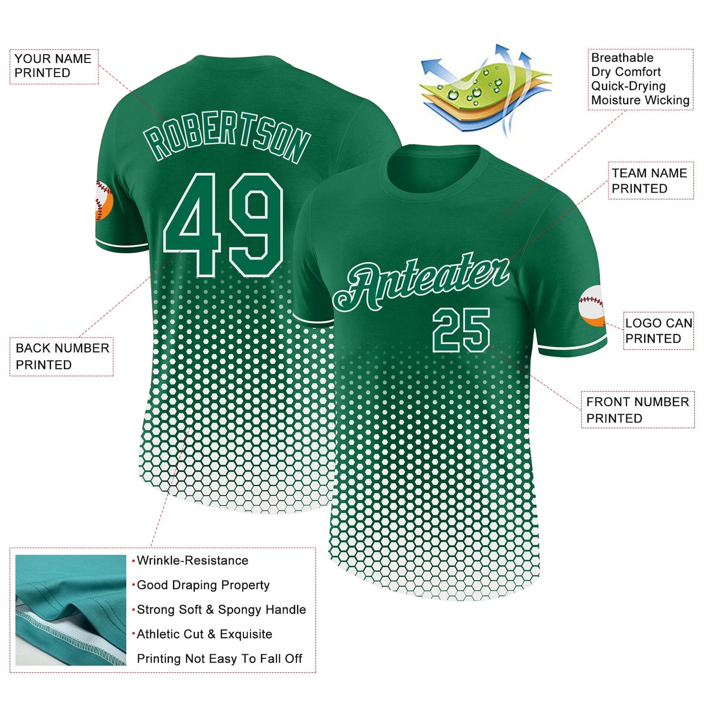 Custom Kelly Green-White Geometric Hexagonal Dot Gradient Performance T-Shirt view 2