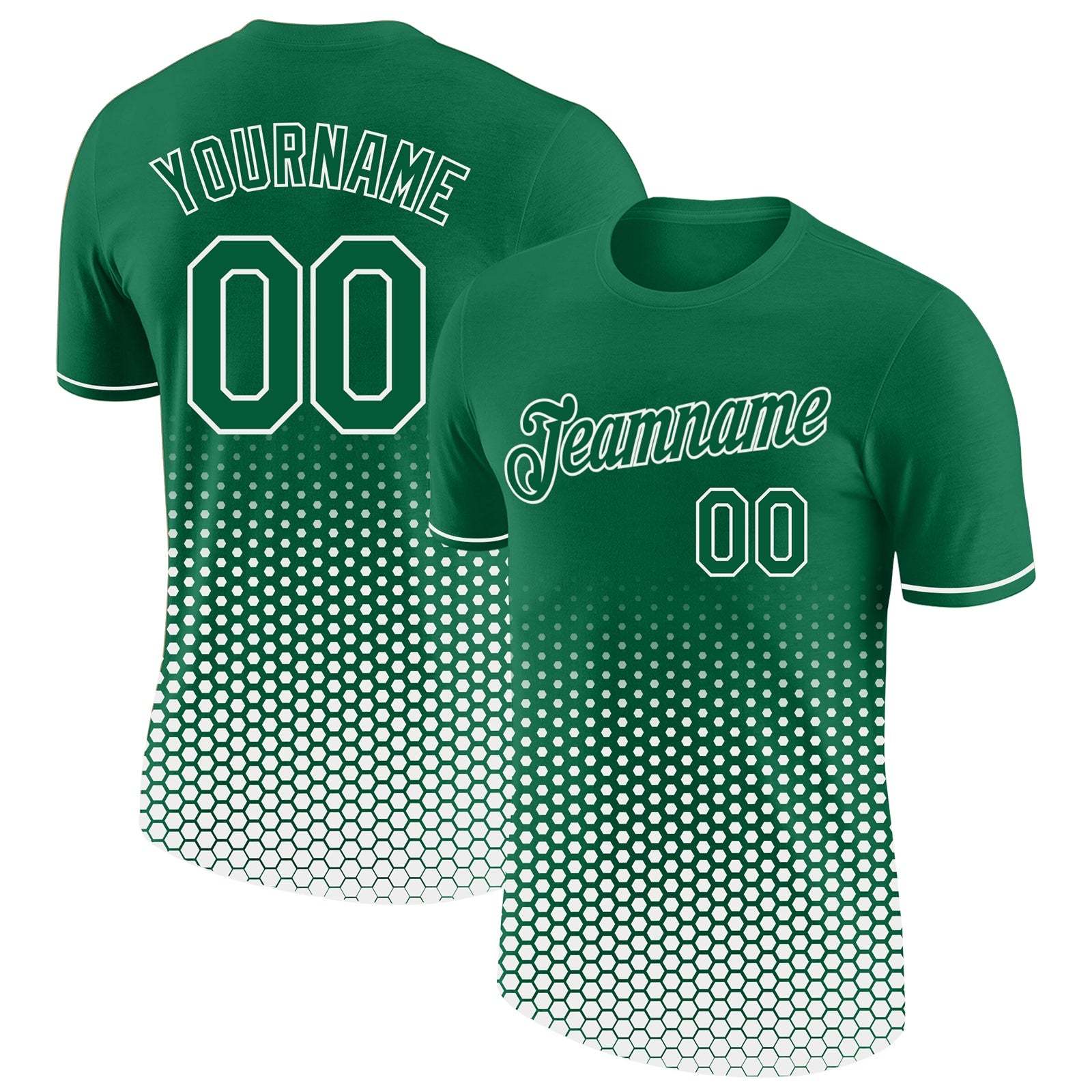 Custom Kelly Green-White Geometric Hexagonal Dot Gradient Performance T-Shirt - Main View