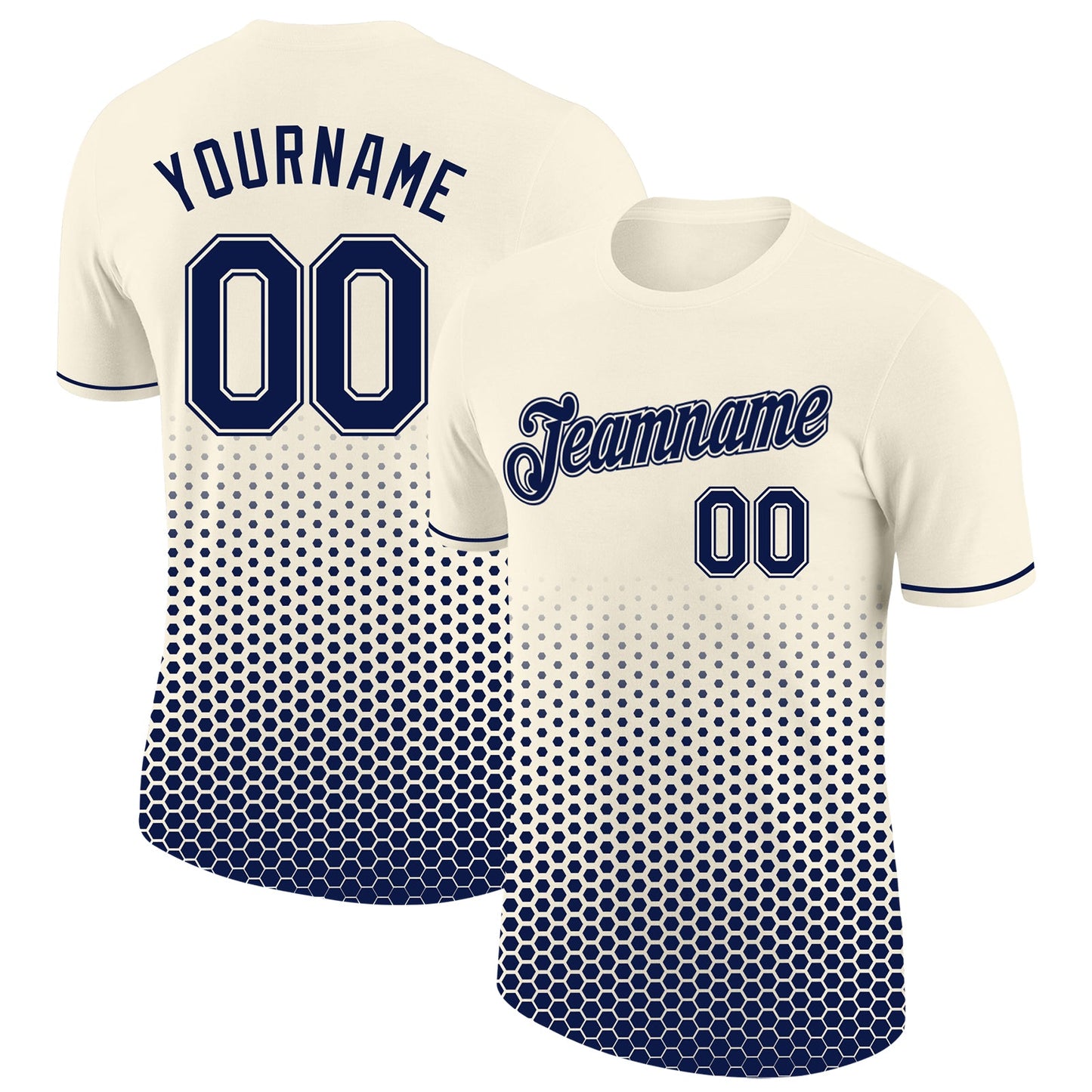 Custom Cream-Navy Geometric Hexagonal Dot Gradient Performance T-Shirt - Main View