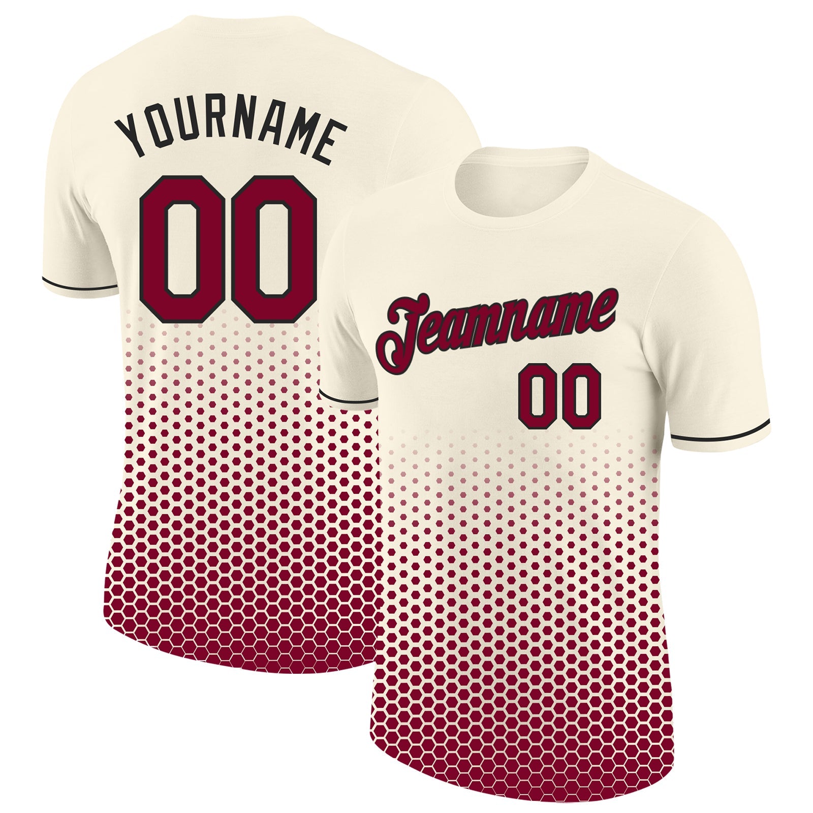 Custom Cream Maroon-Black Geometric Hexagonal Dot Gradient Performance T-Shirt - Main View