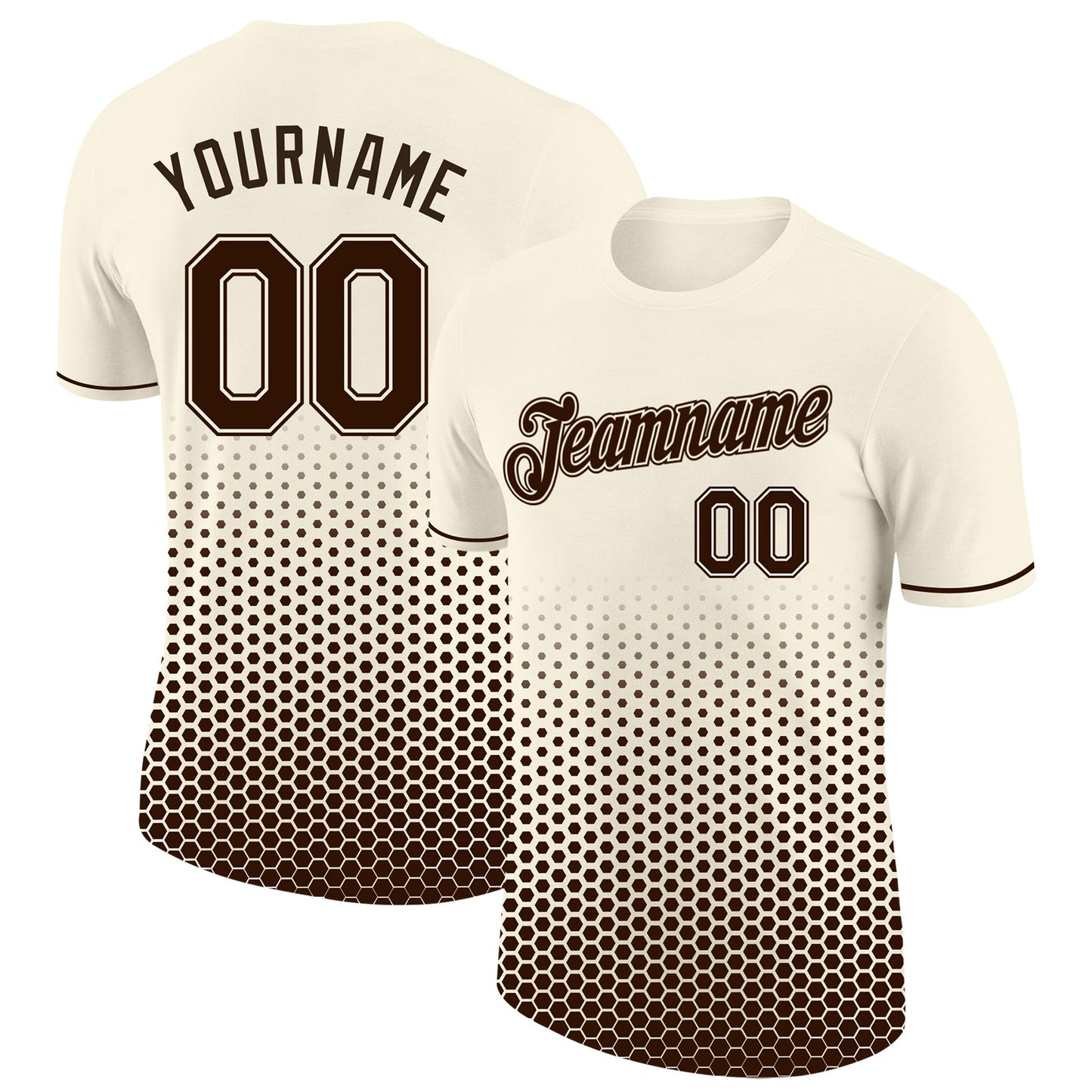 Custom Cream-Brown Geometric Hexagonal Dot Gradient Performance T-Shirt - Main View