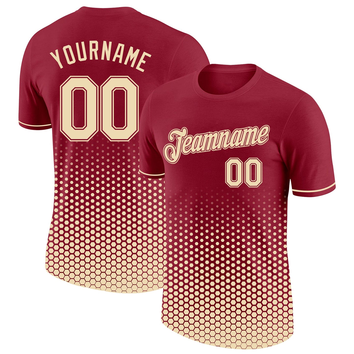 Custom Crimson-Cream Geometric Hexagonal Dot Gradient Performance T-Shirt - Main View