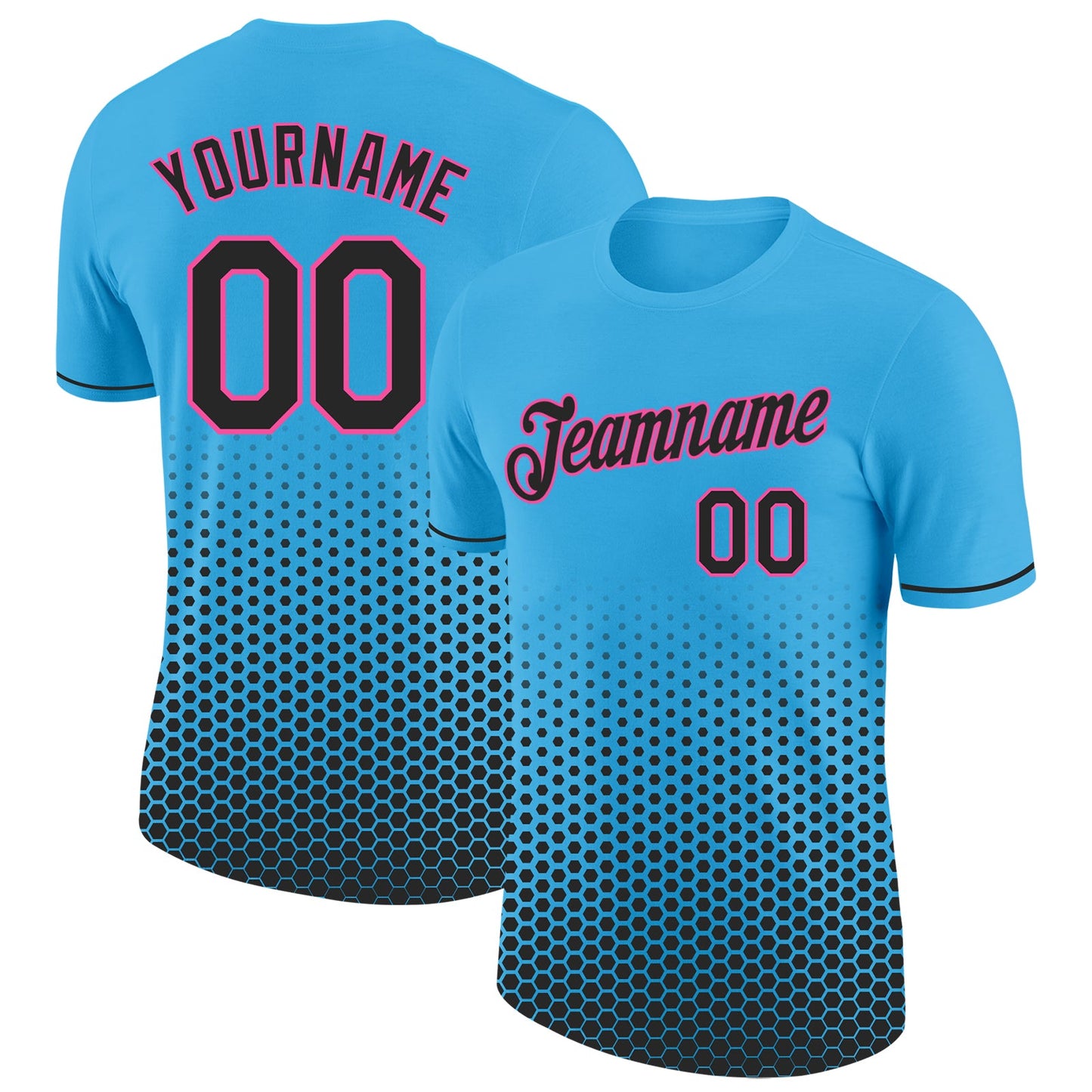 Custom Sky Blue Black-Pink Geometric Hexagonal Dot Gradient Performance T-Shirt - Main View