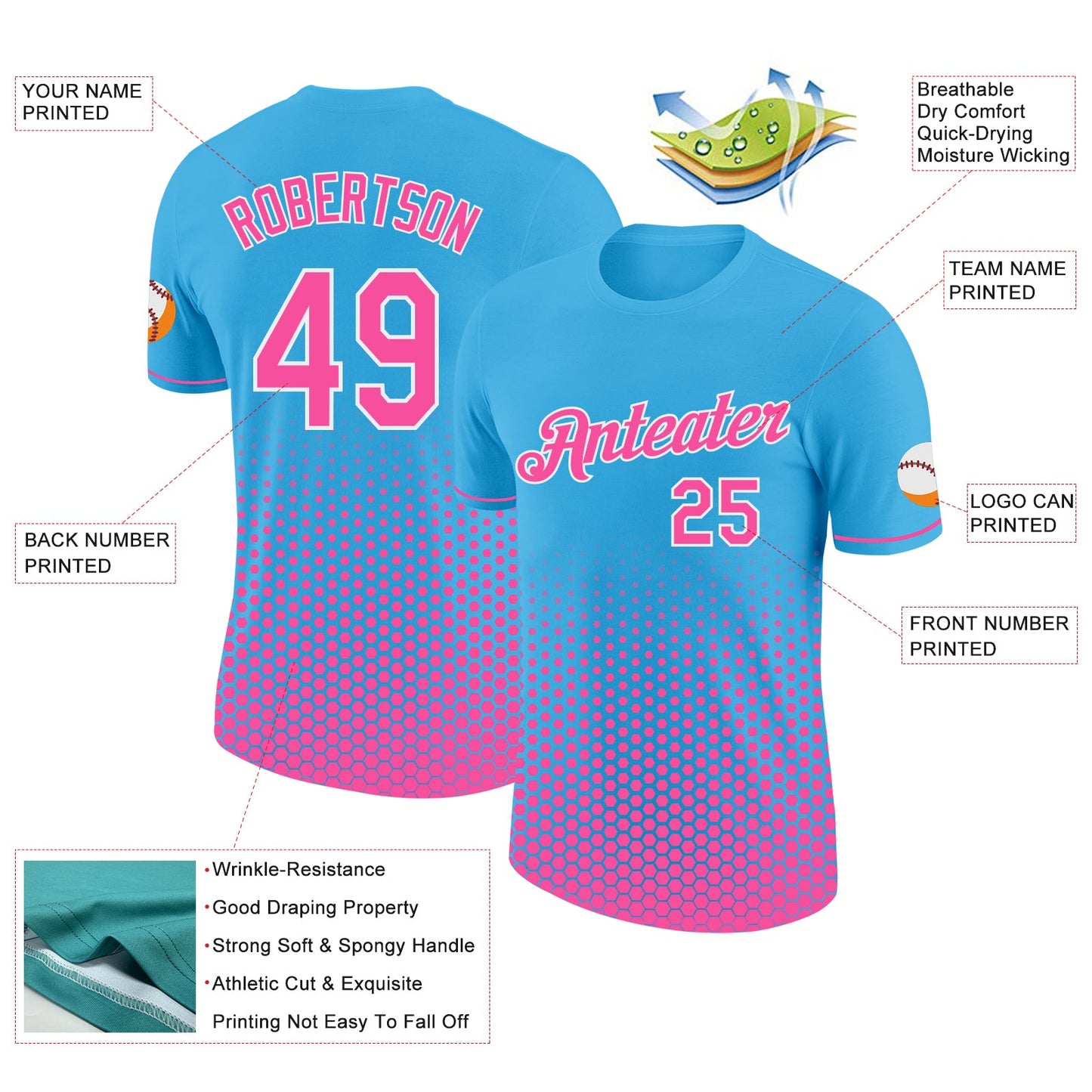 Custom Sky Blue Pink-White Geometric Hexagonal Dot Gradient Performance T-Shirt view 2