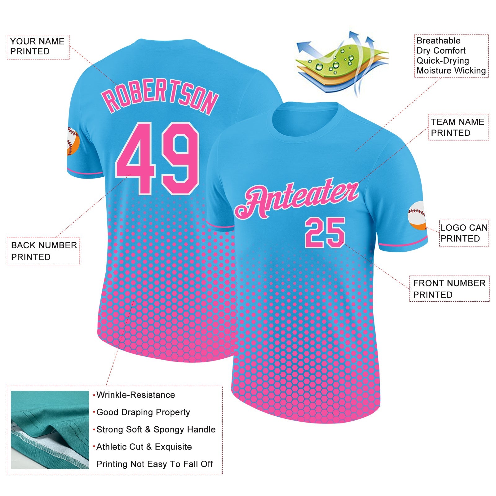 Custom Sky Blue Pink-White Geometric Hexagonal Dot Gradient Performance T-Shirt view 2