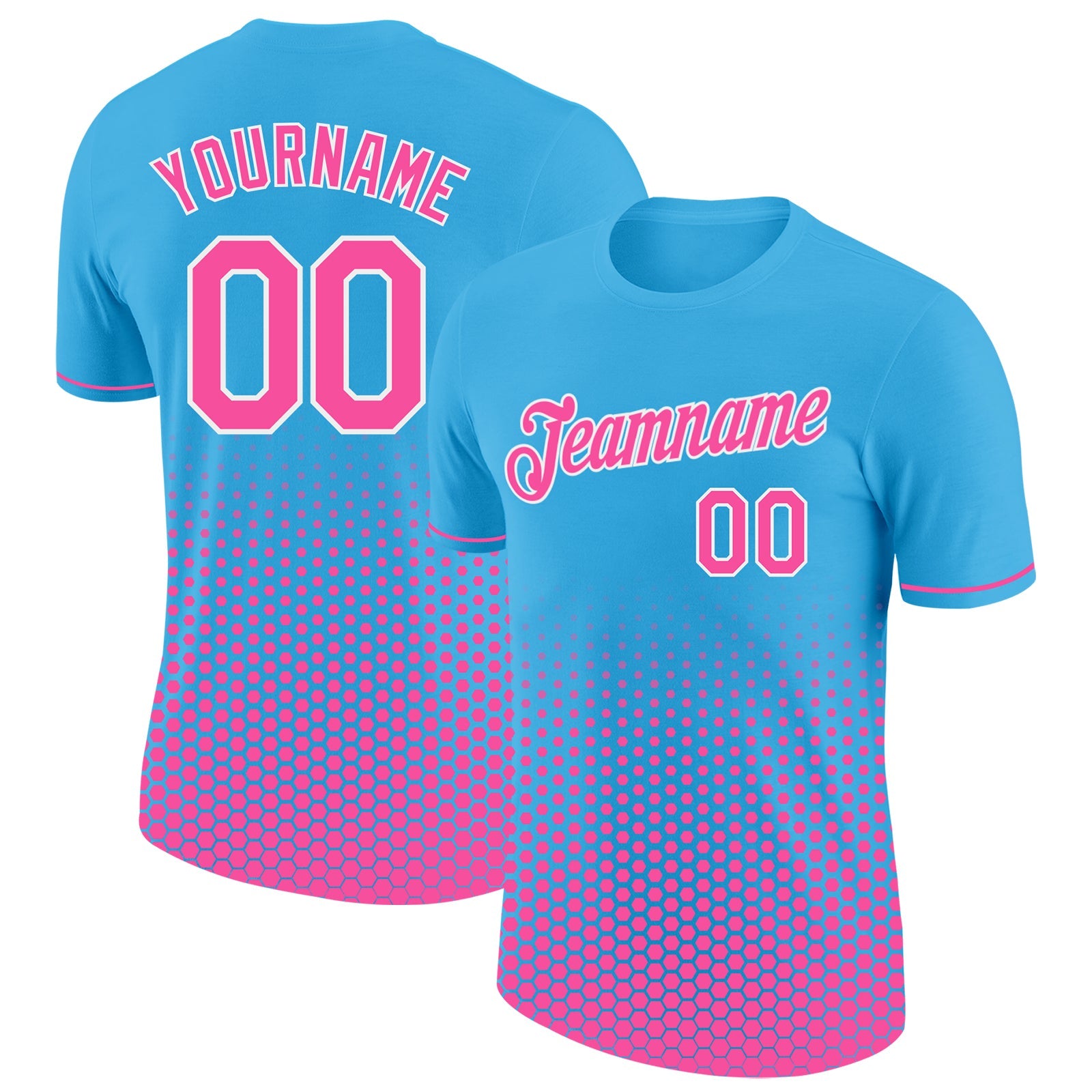 Custom Sky Blue Pink-White Geometric Hexagonal Dot Gradient Performance T-Shirt - Main View