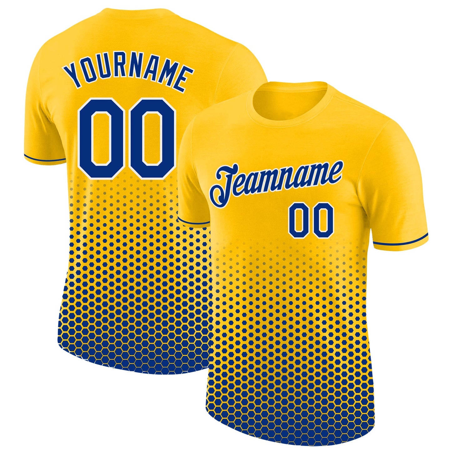 Custom Yellow Royal-White Geometric Hexagonal Dot Gradient Performance T-Shirt - Main View
