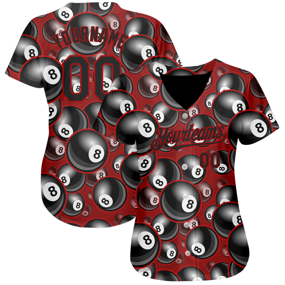 Custom Red Black 3D Pattern Design Billiards Snooker 8 Ball Authentic Baseball Jersey view 2