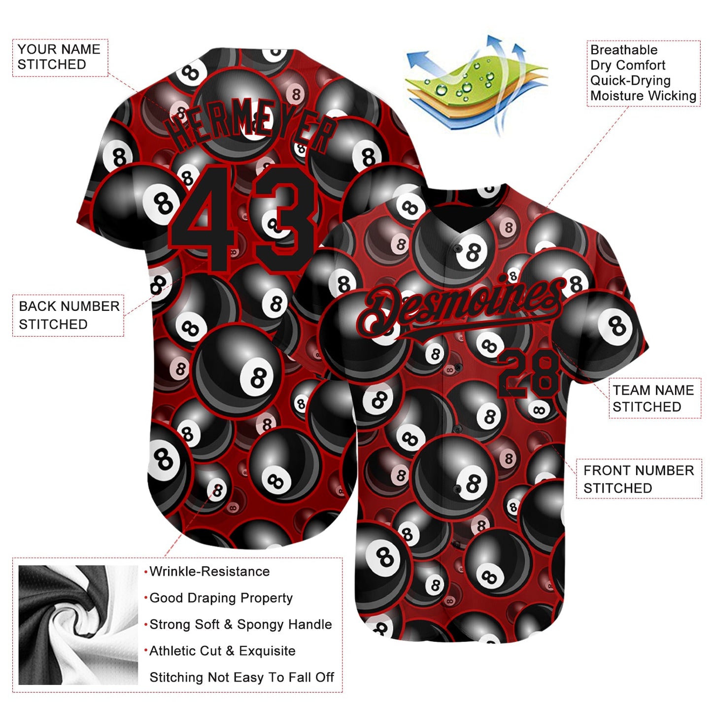 Custom Red Black 3D Pattern Design Billiards Snooker 8 Ball Authentic Baseball Jersey view 3