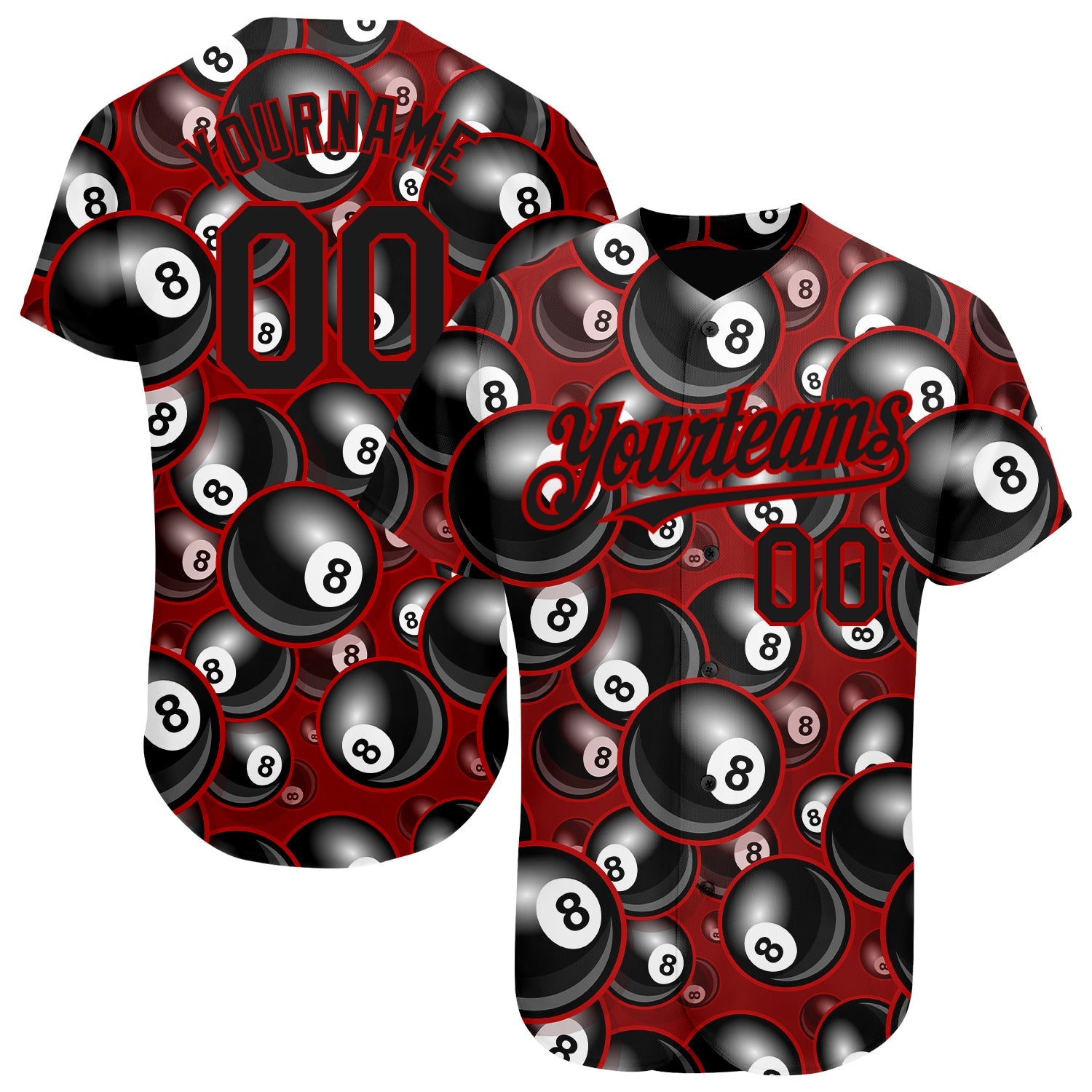 Custom Red Black 3D Pattern Design Billiards Snooker 8 Ball Authentic Baseball Jersey - Main View