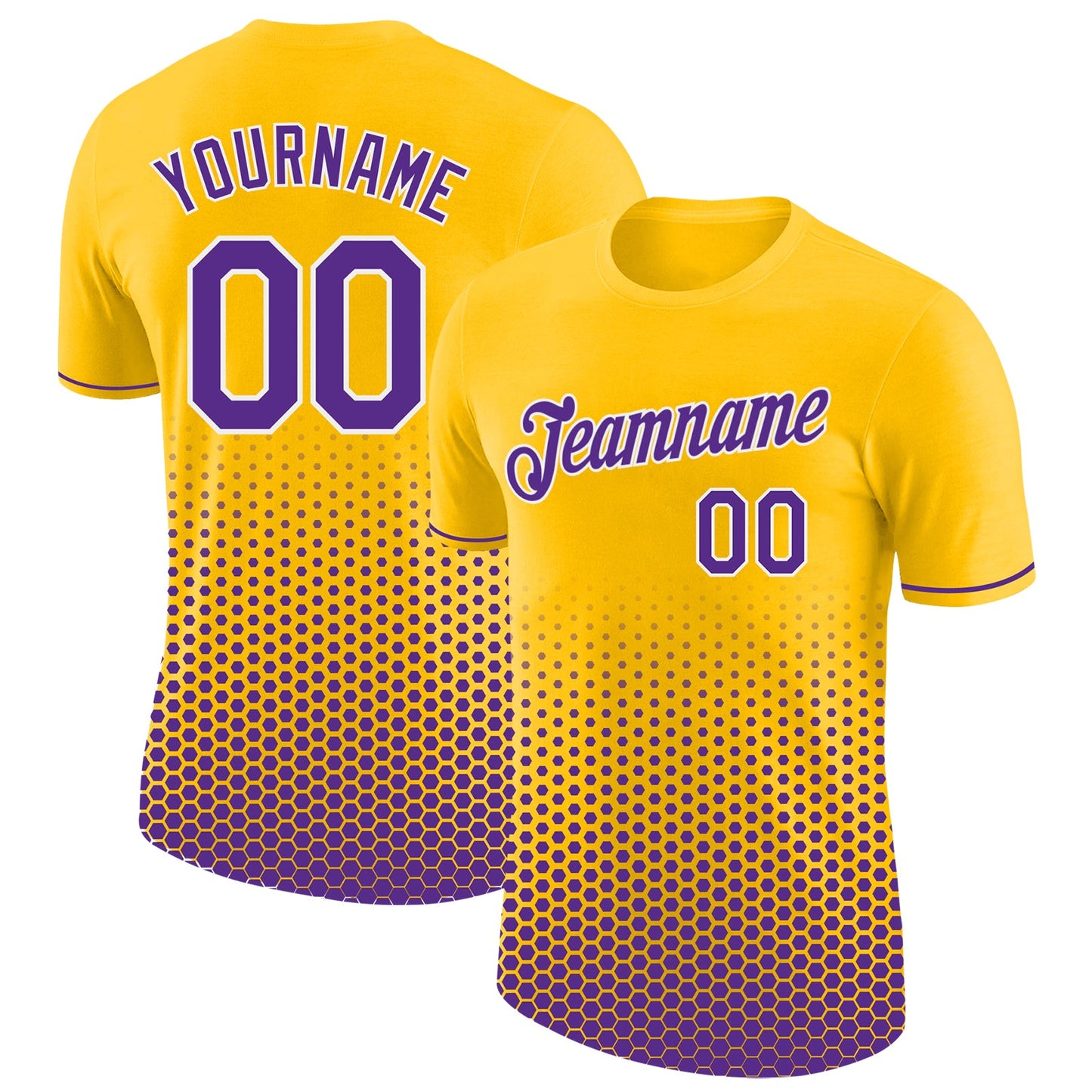 Custom Yellow Purple-White Geometric Hexagonal Dot Gradient Performance T-Shirt - Main View