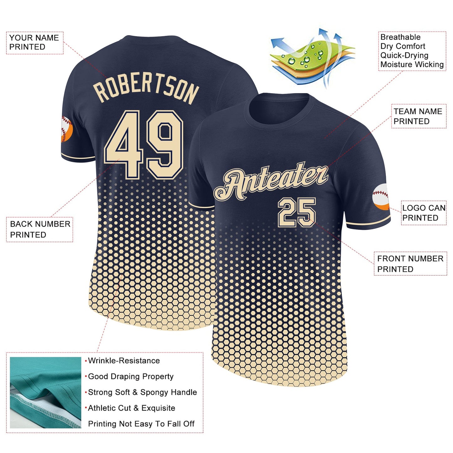 Custom Navy-Cream Geometric Hexagonal Dot Gradient Performance T-Shirt view 2