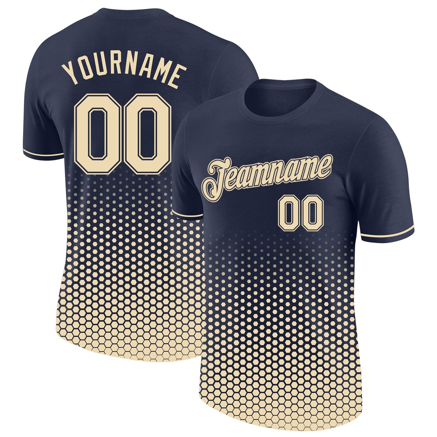 Custom Navy-Cream Geometric Hexagonal Dot Gradient Performance T-Shirt - Main View
