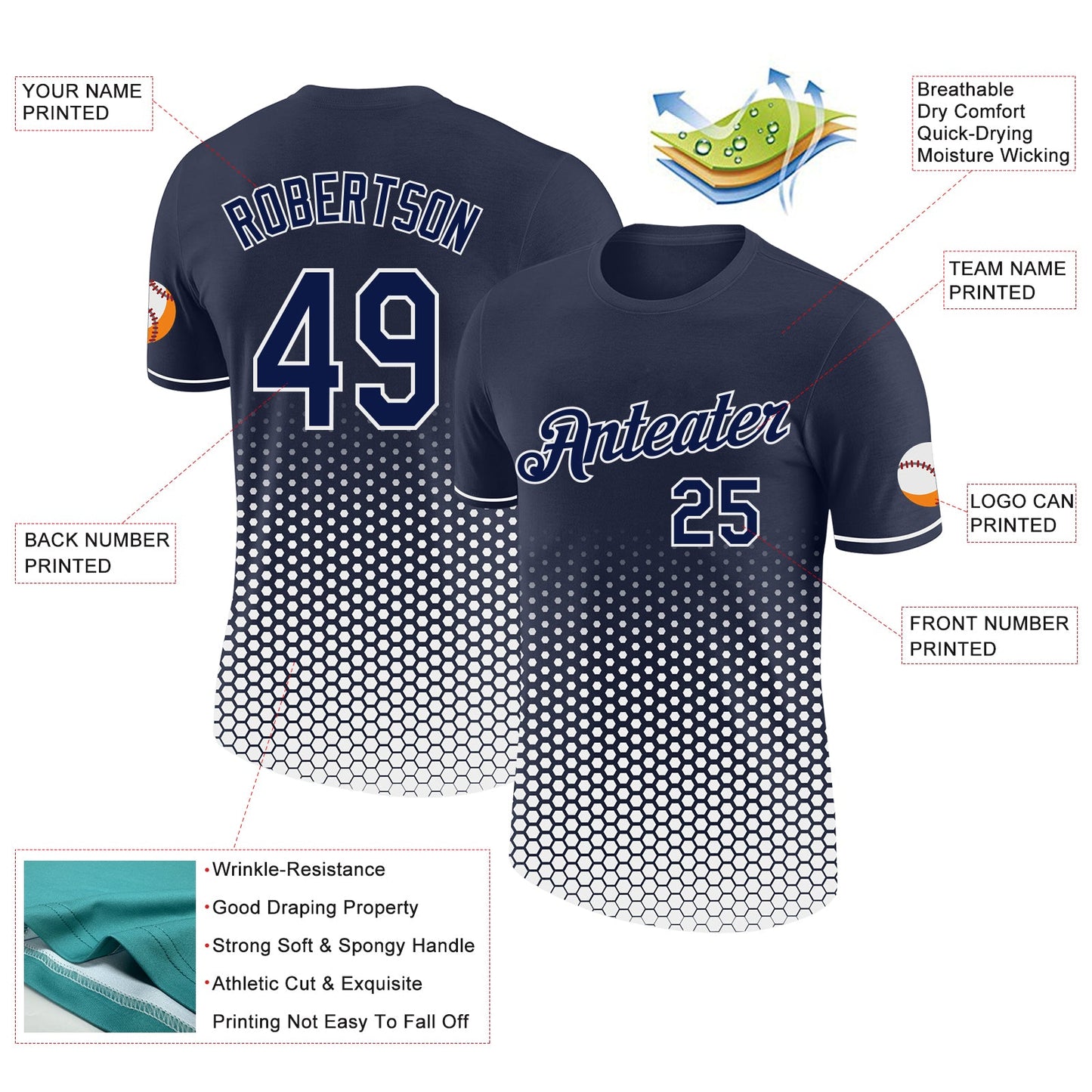 Custom Navy-White Geometric Hexagonal Dot Gradient Performance T-Shirt view 2