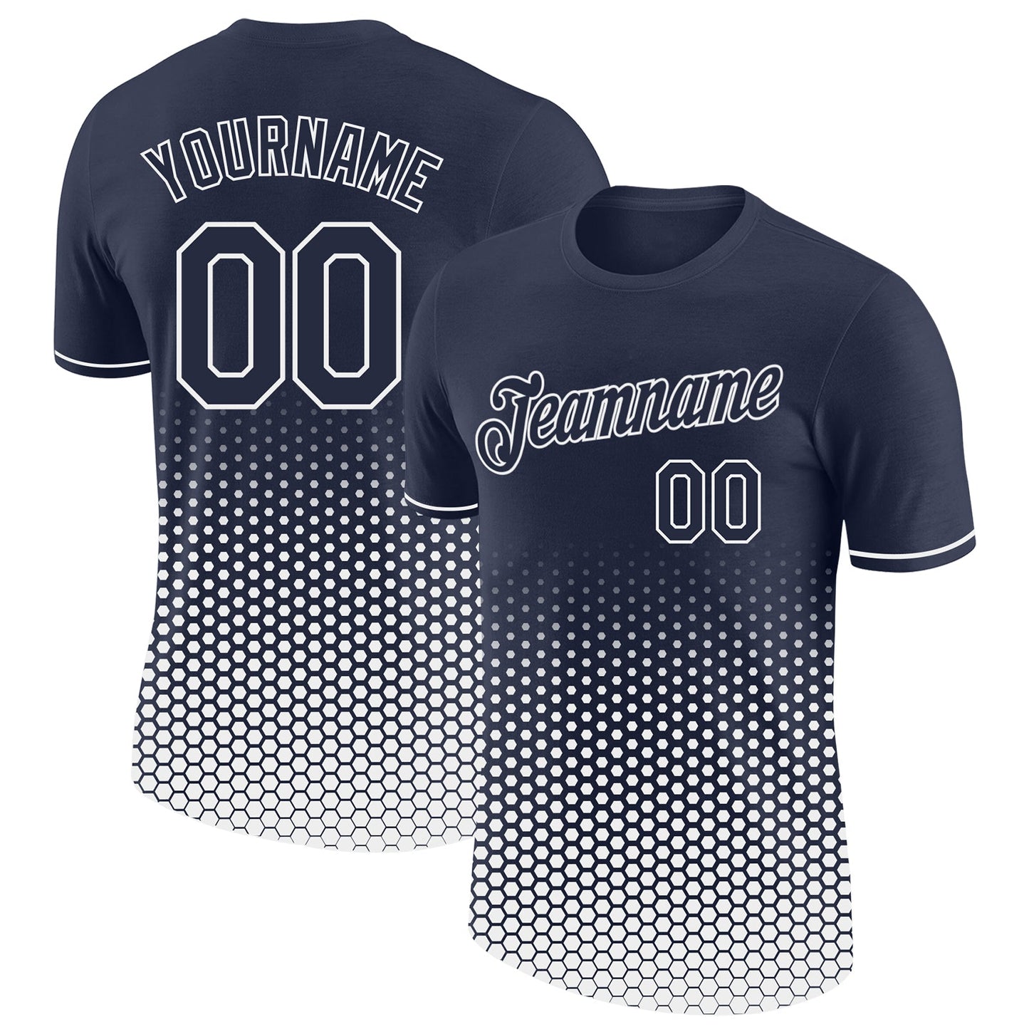 Custom Navy-White Geometric Hexagonal Dot Gradient Performance T-Shirt - Main View