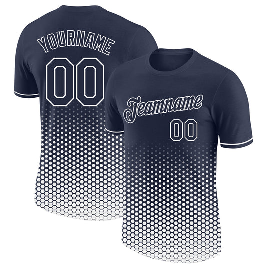 Custom Navy-White Geometric Hexagonal Dot Gradient Performance T-Shirt - Main View