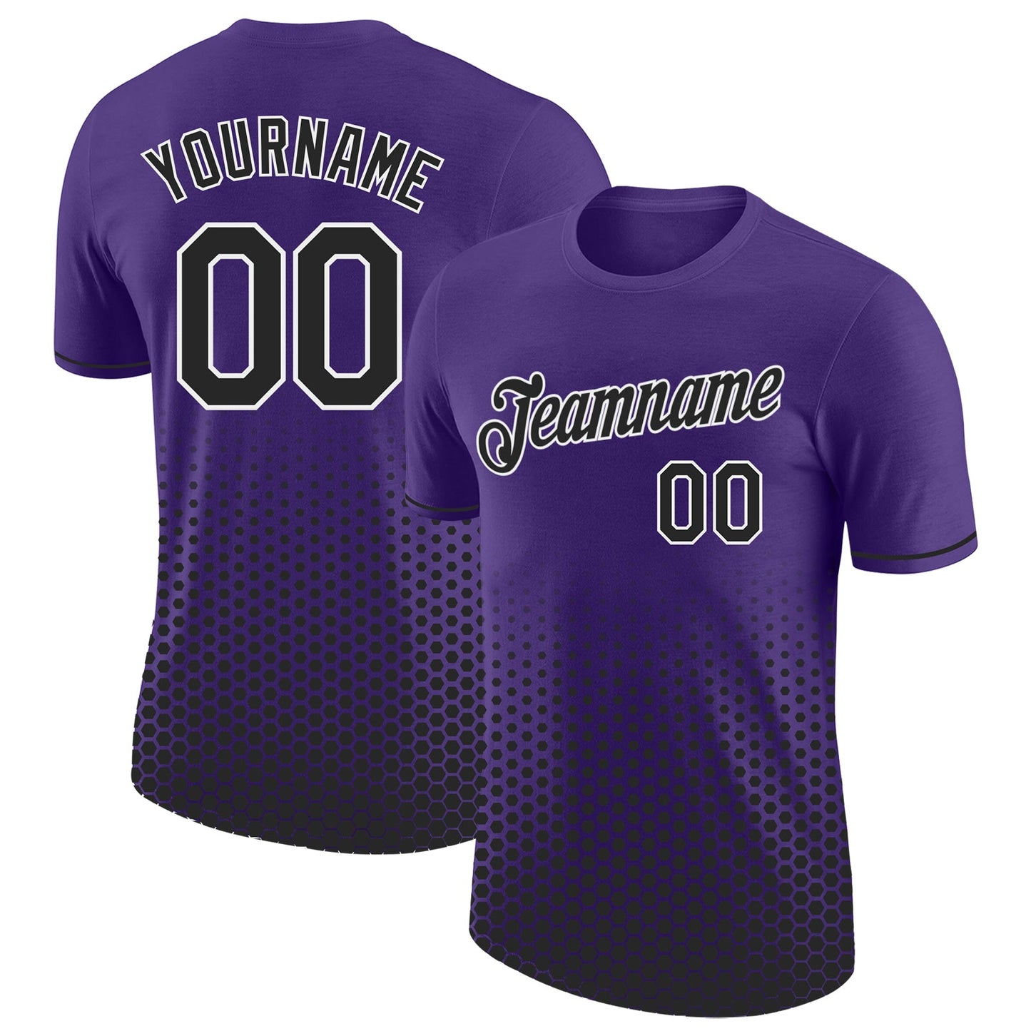 Custom Purple Black-White Geometric Hexagonal Dot Gradient Performance T-Shirt - Main View