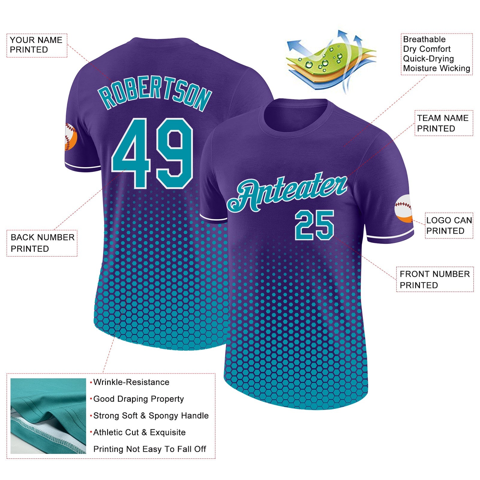 Custom Purple Teal-White Geometric Hexagonal Dot Gradient Performance T-Shirt view 2