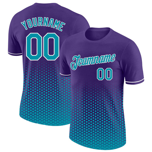 Custom Purple Teal-White Geometric Hexagonal Dot Gradient Performance T-Shirt - Main View