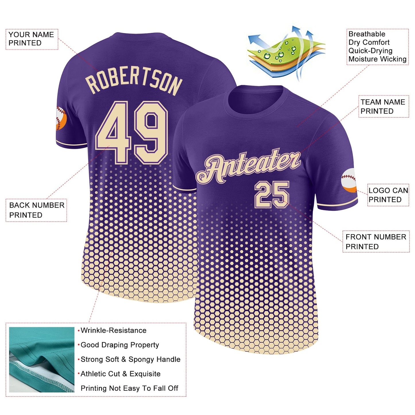 Custom Purple-Cream Geometric Hexagonal Dot Gradient Performance T-Shirt view 2
