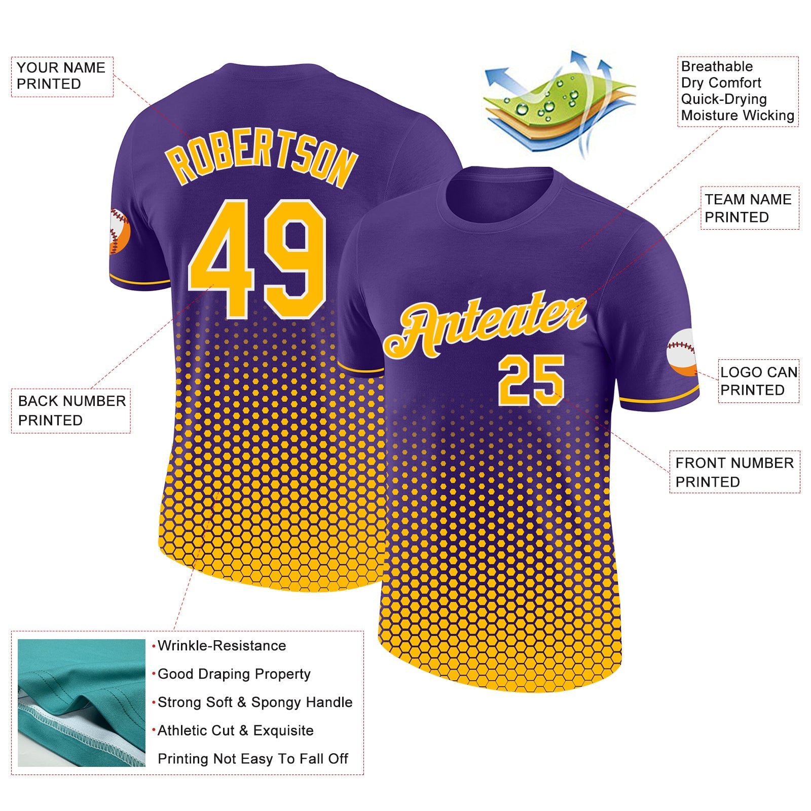Custom Purple Gold-White Geometric Hexagonal Dot Gradient Performance T-Shirt view 2