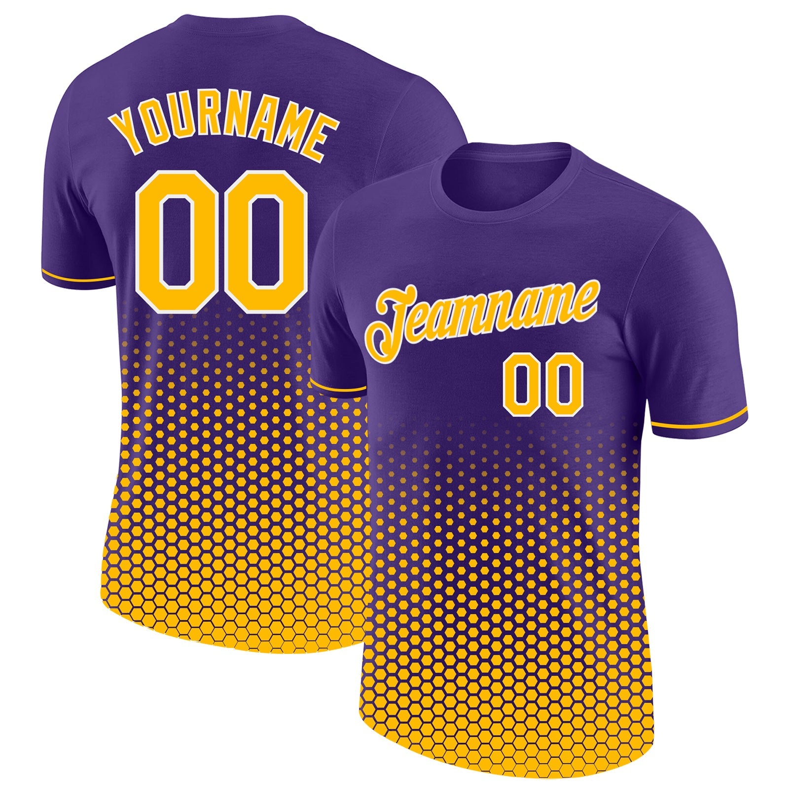 Custom Purple Gold-White Geometric Hexagonal Dot Gradient Performance T-Shirt - Main View