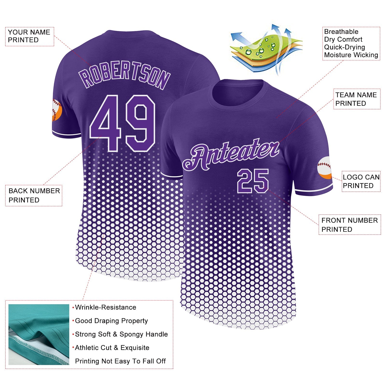 Custom Purple-White Geometric Hexagonal Dot Gradient Performance T-Shirt view 2