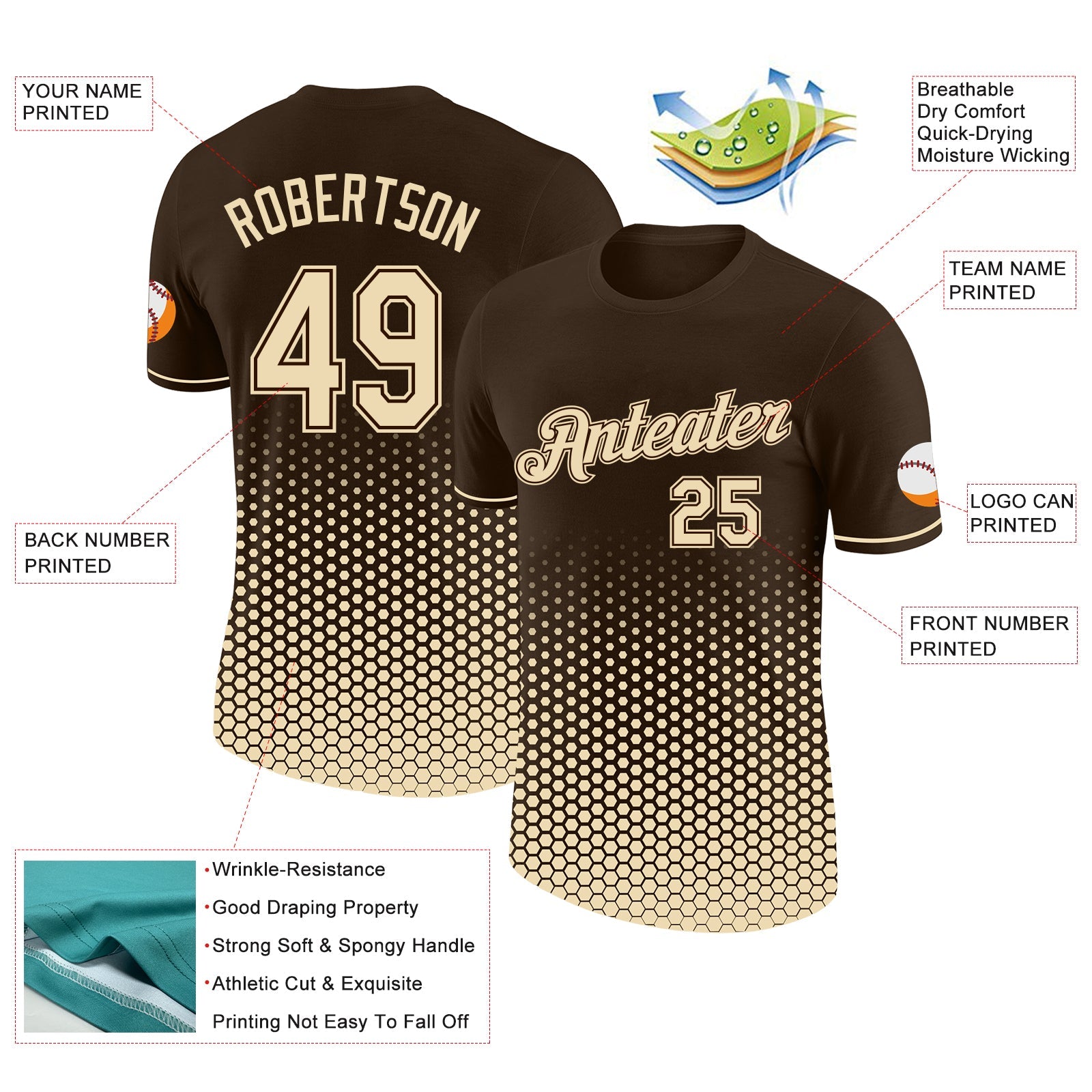 Custom Brown-Cream Geometric Hexagonal Dot Gradient Performance T-Shirt view 2