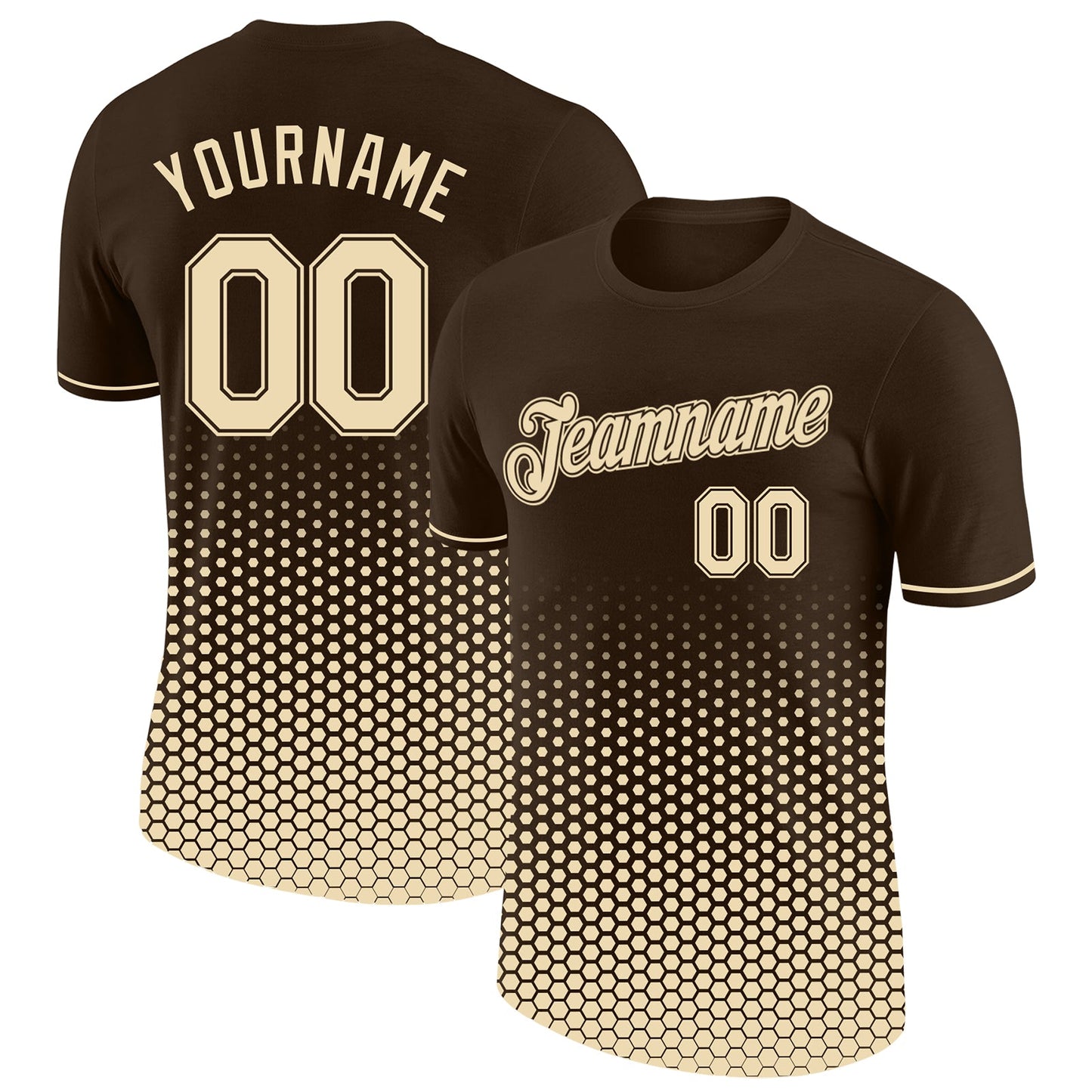Custom Brown-Cream Geometric Hexagonal Dot Gradient Performance T-Shirt - Main View