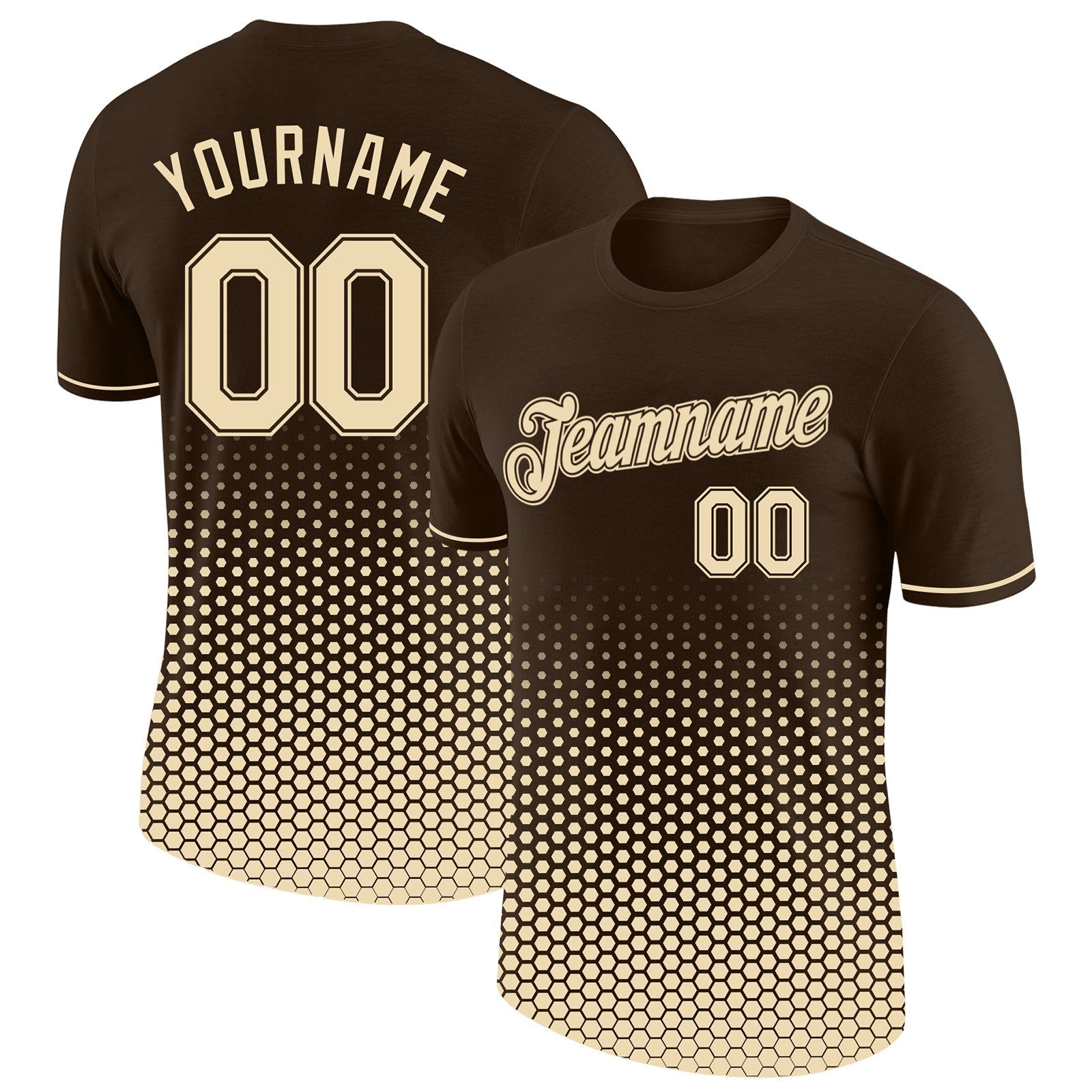 Custom Brown-Cream Geometric Hexagonal Dot Gradient Performance T-Shirt - Main View