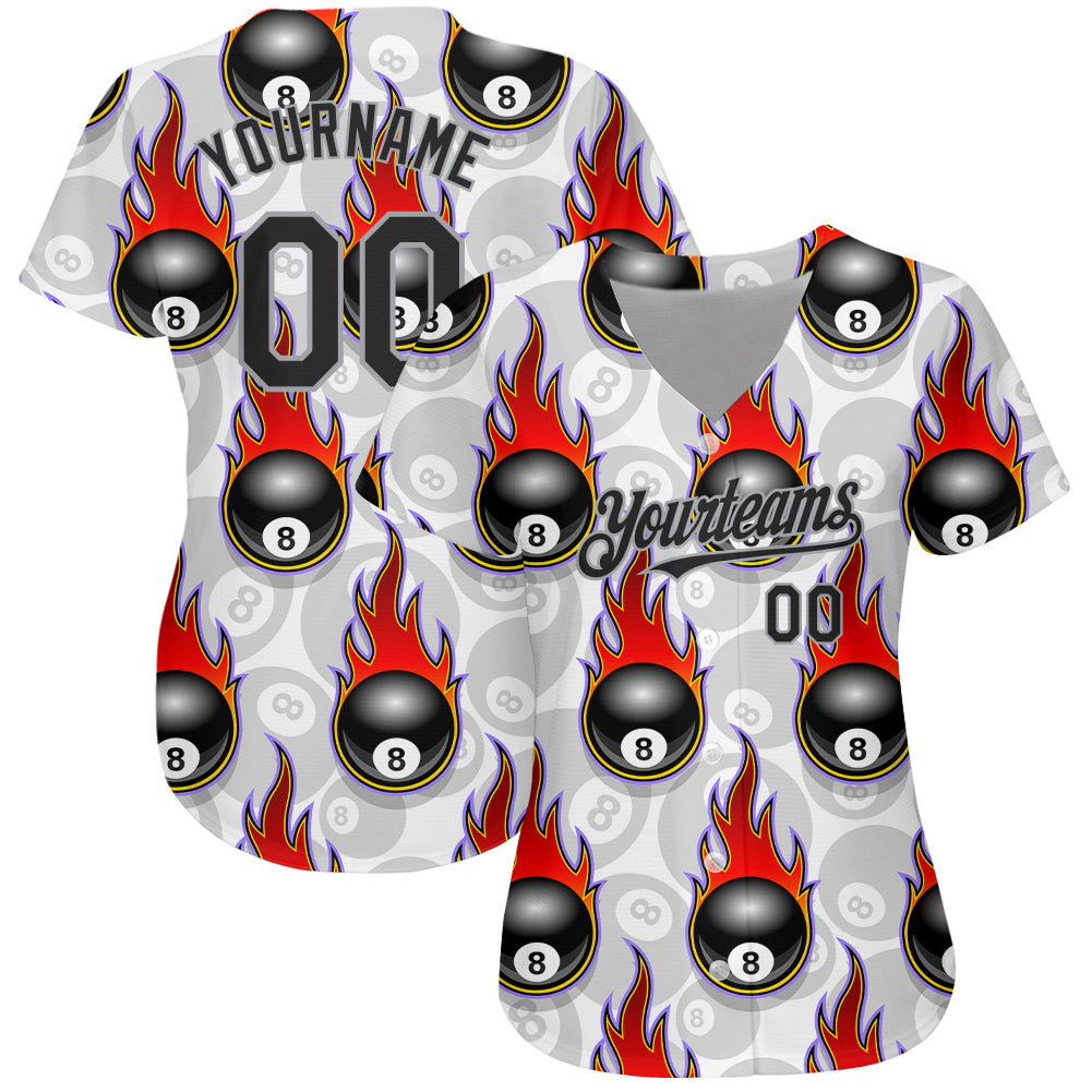 Custom White Black-Gray 3D Pattern Design Flaming Billiards Snooker 8 Ball Authentic Baseball Jersey view 2