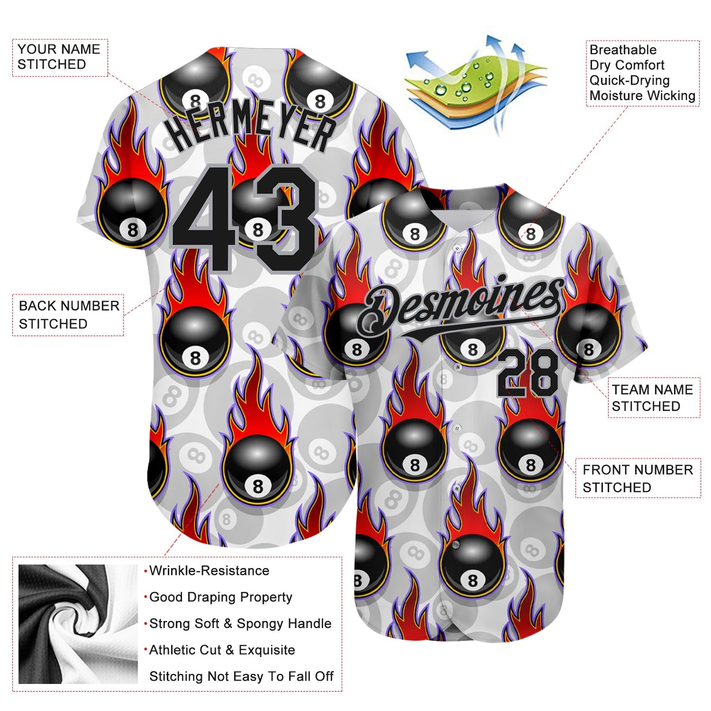 Custom White Black-Gray 3D Pattern Design Flaming Billiards Snooker 8 Ball Authentic Baseball Jersey view 3