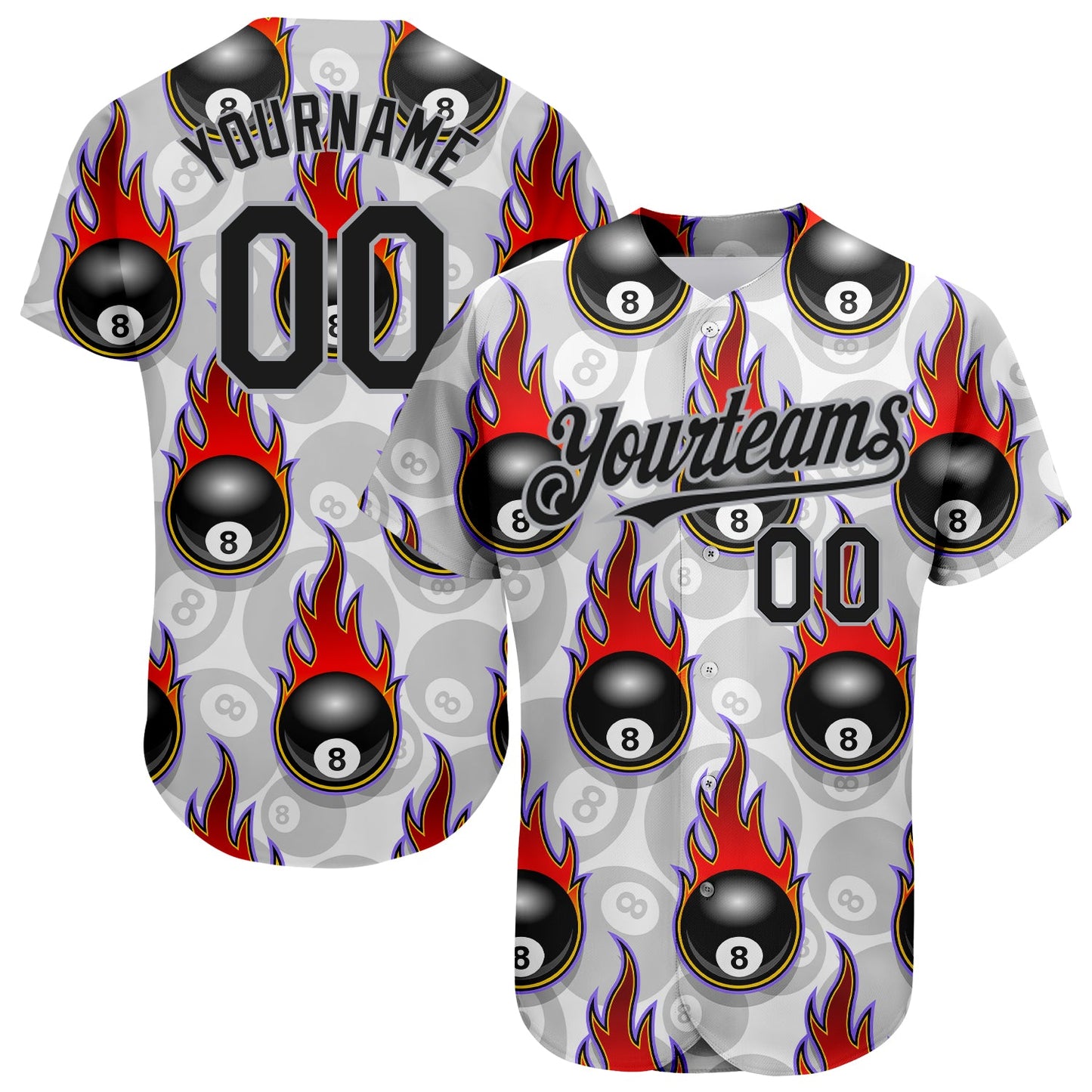 Custom White Black-Gray 3D Pattern Design Flaming Billiards Snooker 8 Ball Authentic Baseball Jersey - Main View