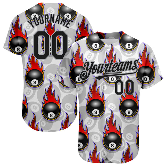 Custom White Black-Gray 3D Pattern Design Flaming Billiards Snooker 8 Ball Authentic Baseball Jersey - Main View