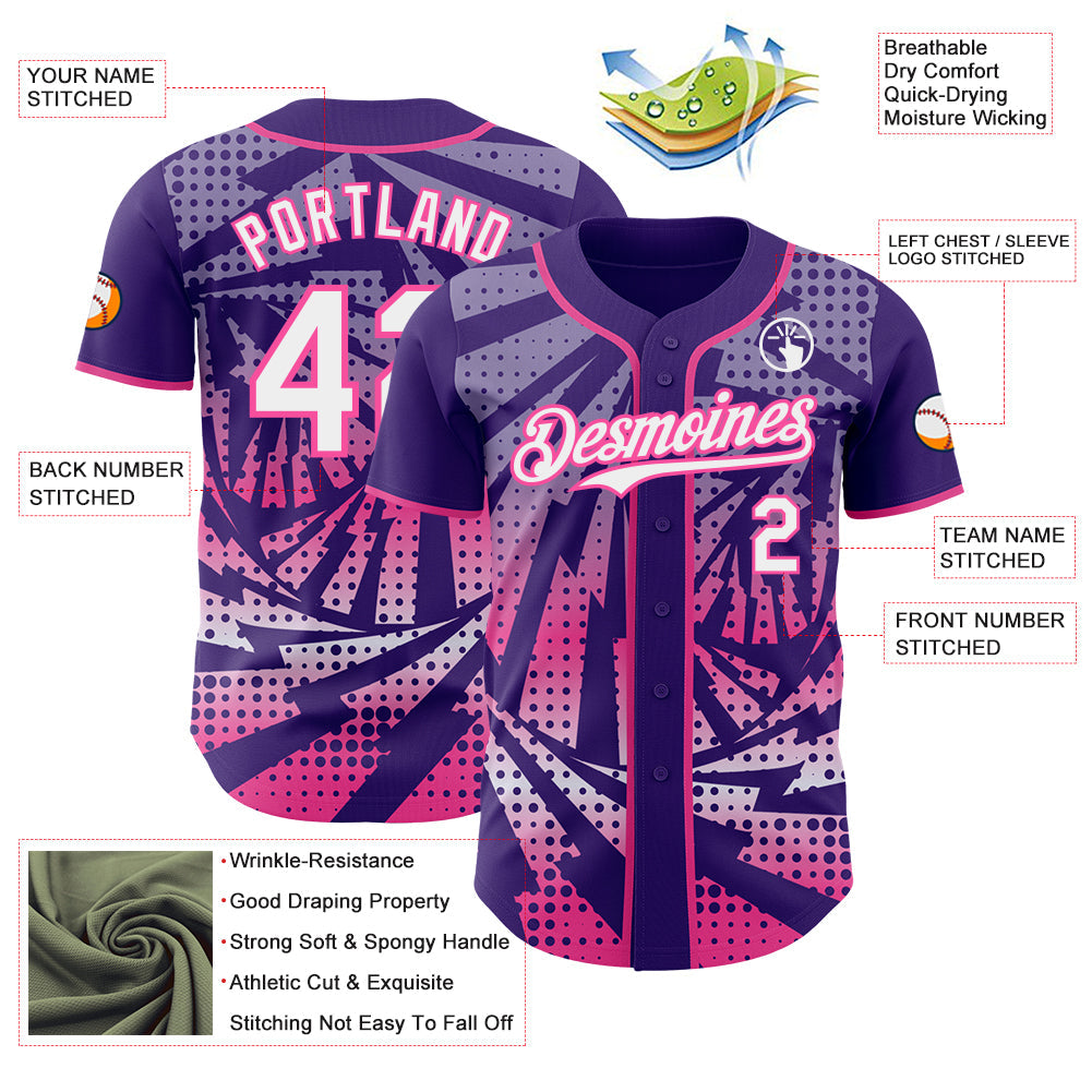 Custom Purple White-Pink Lightning Gradient Dot Authentic Baseball Jersey view 3