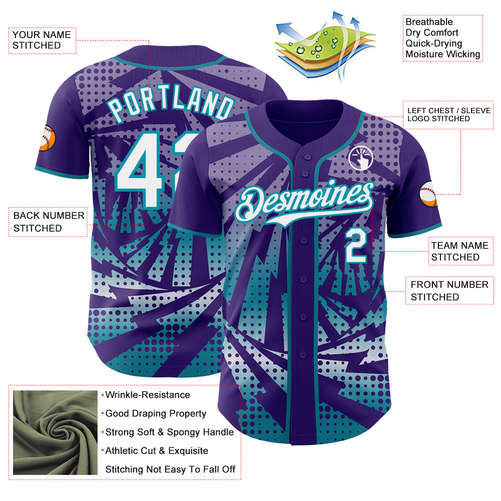 Custom Purple White-Teal Lightning Gradient Dot Authentic Baseball Jersey view 3