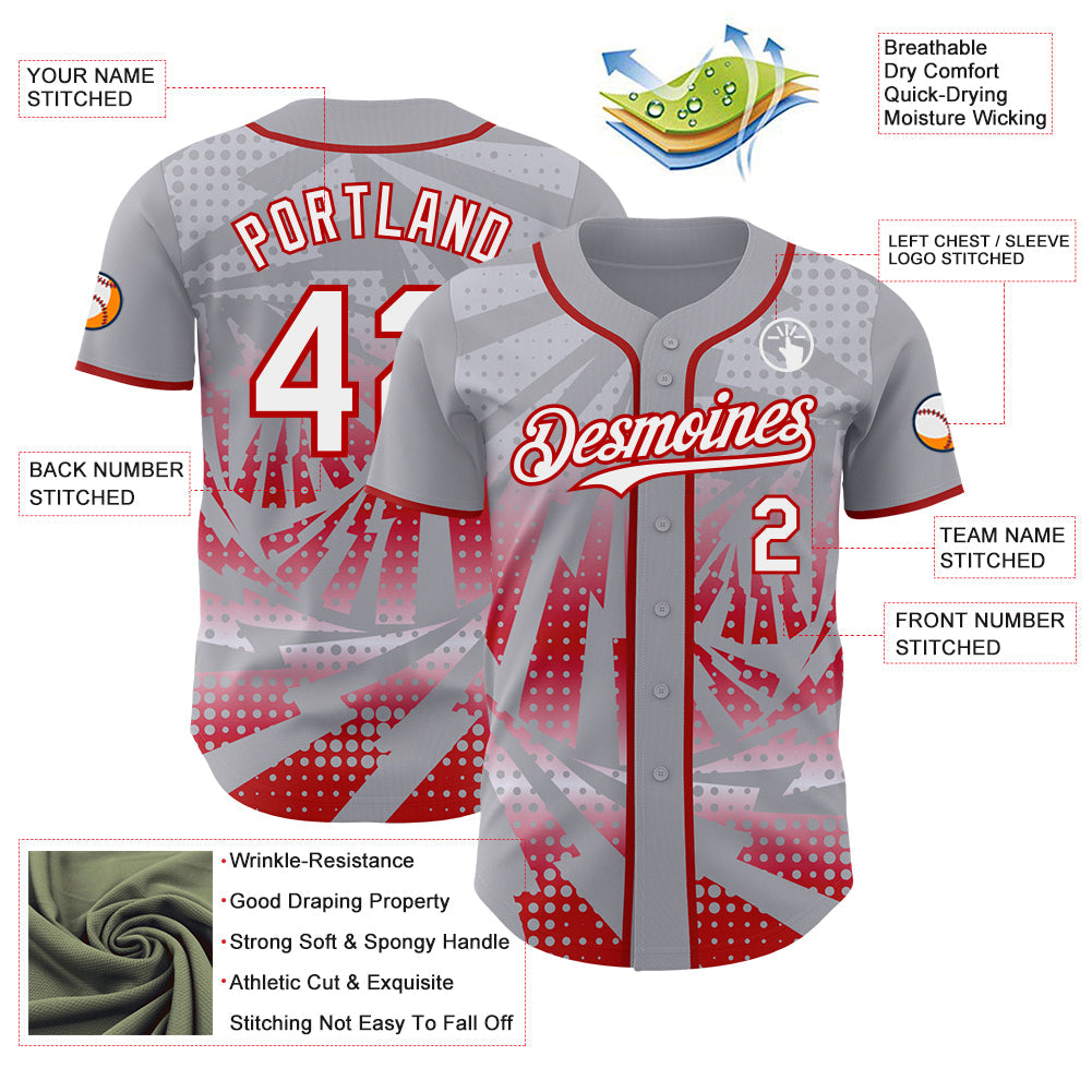 Custom Gray White-Red Lightning Gradient Dot Authentic Baseball Jersey view 3