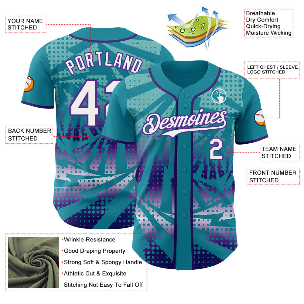 Custom Teal White-Purple Lightning Gradient Dot Authentic Baseball Jersey view 3