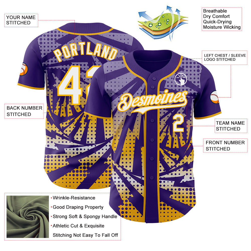 Custom Purple White-Gold Lightning Gradient Dot Authentic Baseball Jersey view 3