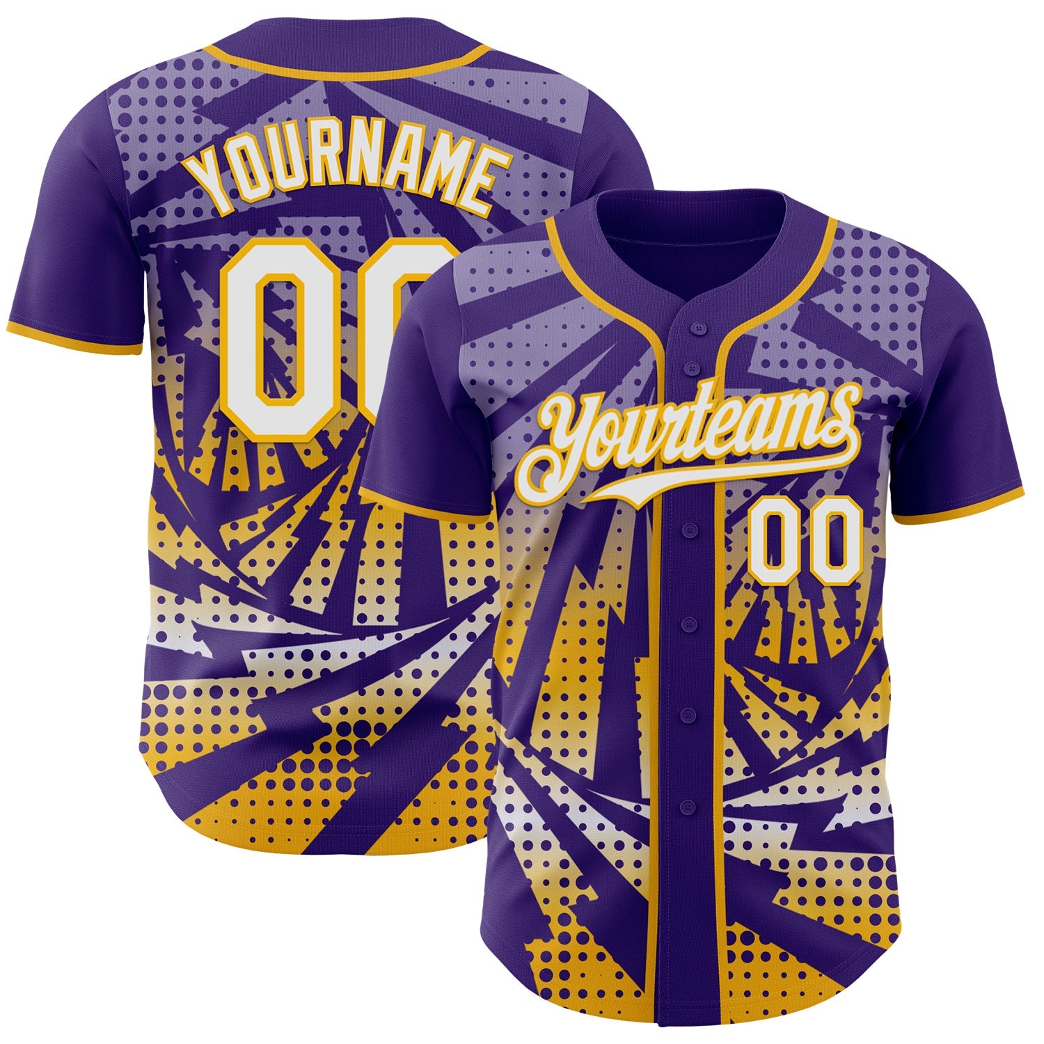 Custom Purple White-Gold Lightning Gradient Dot Authentic Baseball Jersey - Main View